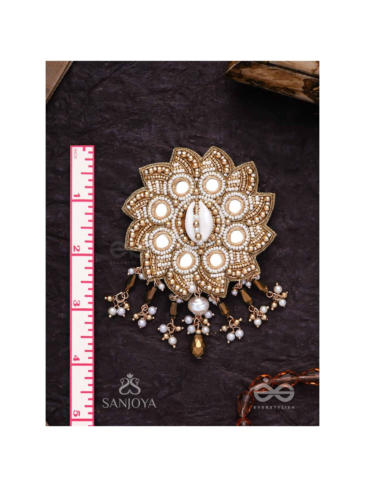 Prabhanjanam - The Stormy Reflectors - Shell, Mirrors And Glass Drops Hand Embroidered Hair Accessory