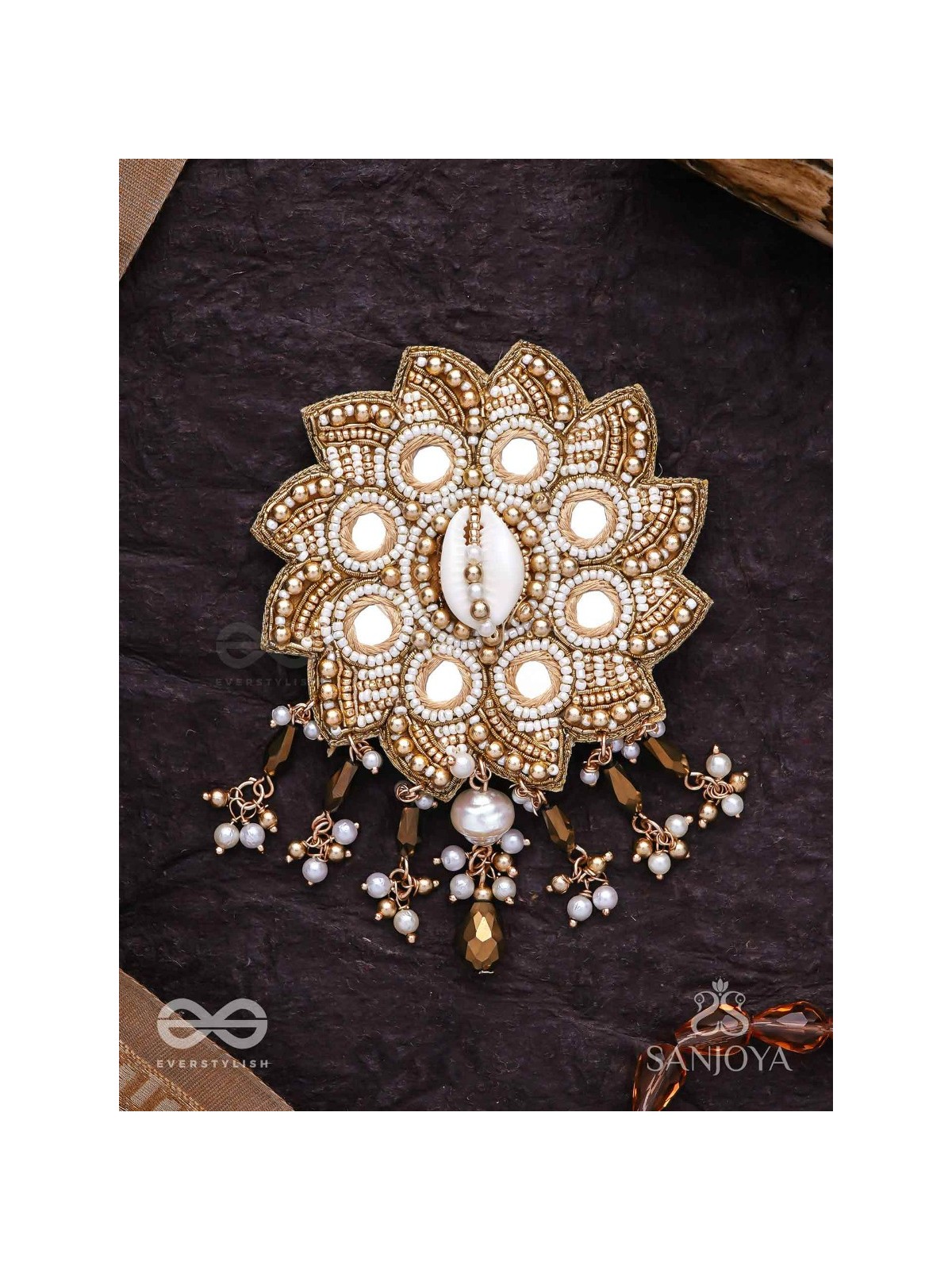 Prabhanjanam - The Stormy Reflectors - Shell, Mirrors And Glass Drops Hand Embroidered Hair Accessory