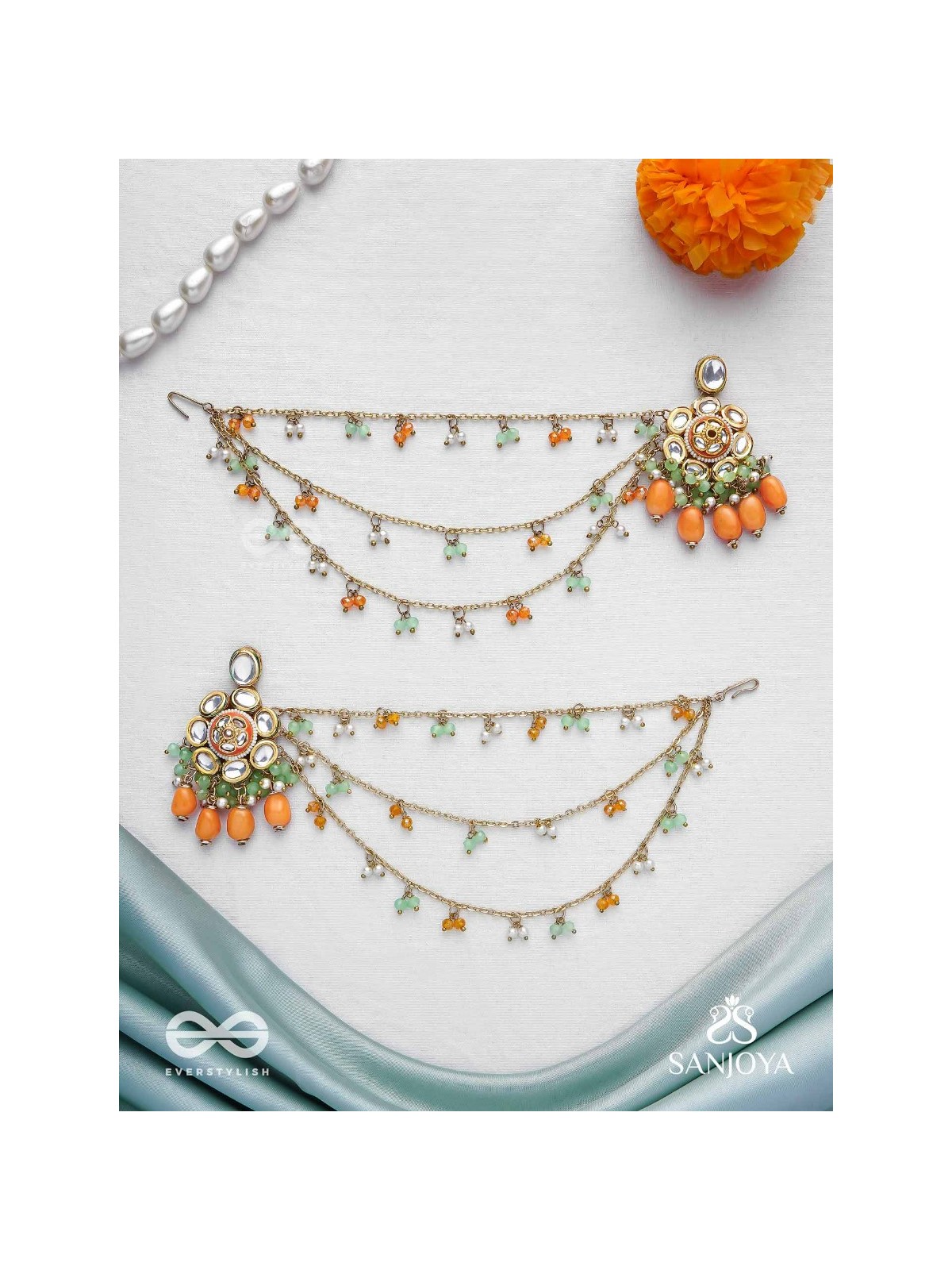 Prasumat - The Ornate Flowers - Polki And Kundan Finished Hand Embroidered Chain Earrings