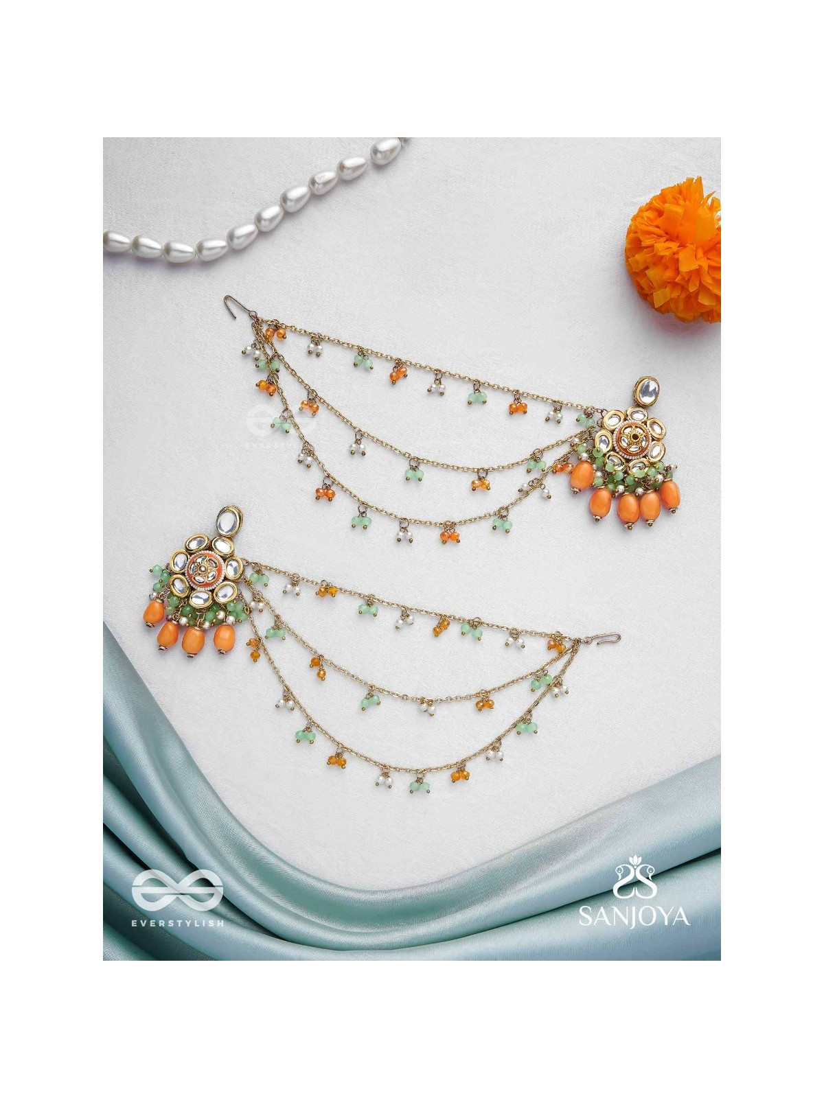 Prasumat - The Ornate Flowers - Polki And Kundan Finished Hand Embroidered Chain Earrings