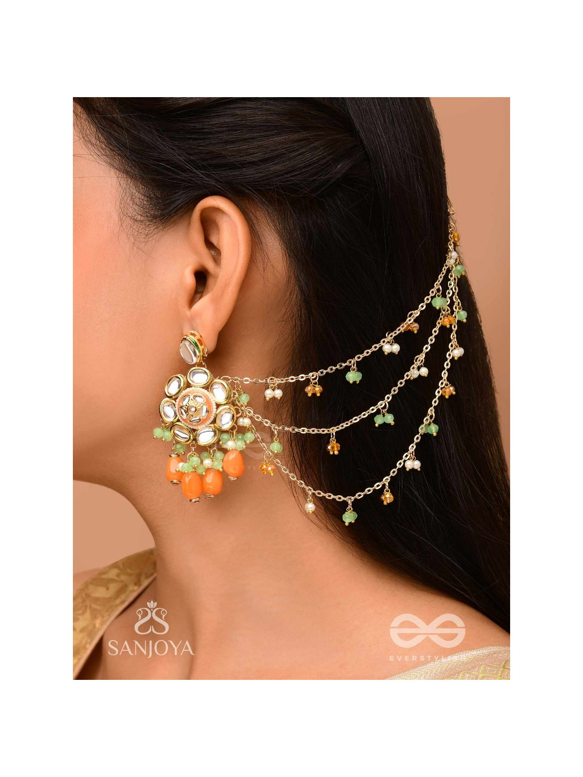Prasumat - The Ornate Flowers - Polki And Kundan Finished Hand Embroidered Chain Earrings