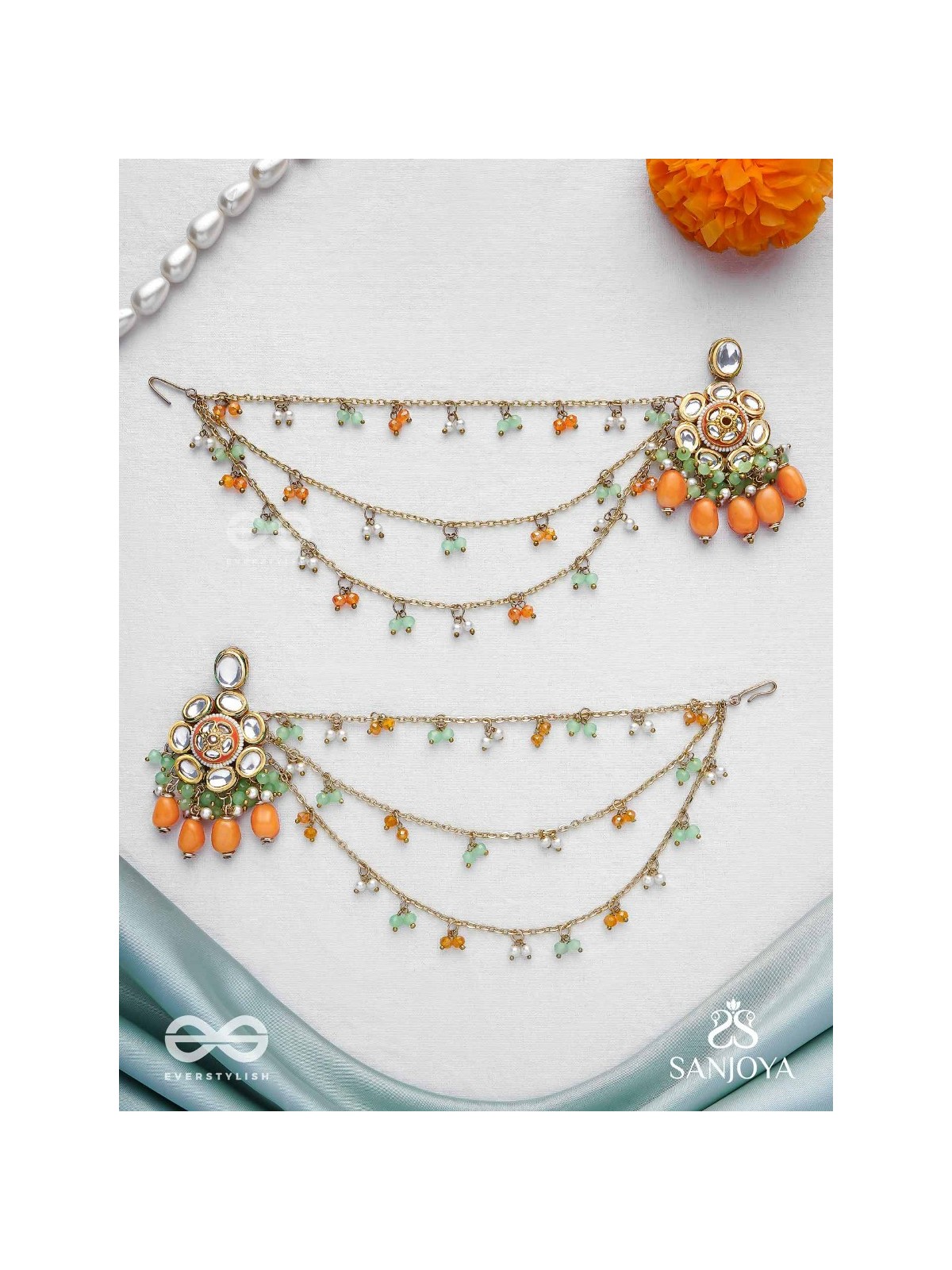 Prasumat - The Ornate Flowers - Polki And Kundan Finished Hand Embroidered Chain Earrings