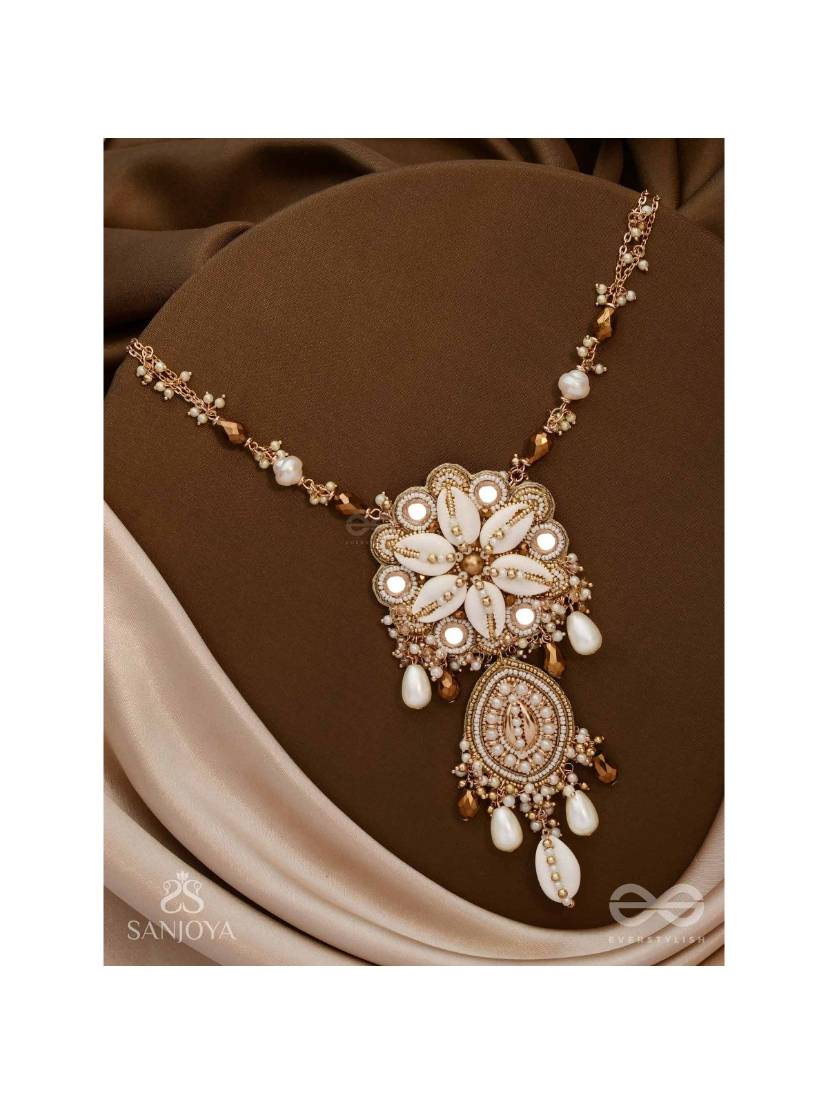 Nripatva - The Royal Art - Shells, Mirrors, Beads And Pearl Drops Hand Embroidered Neckpiece