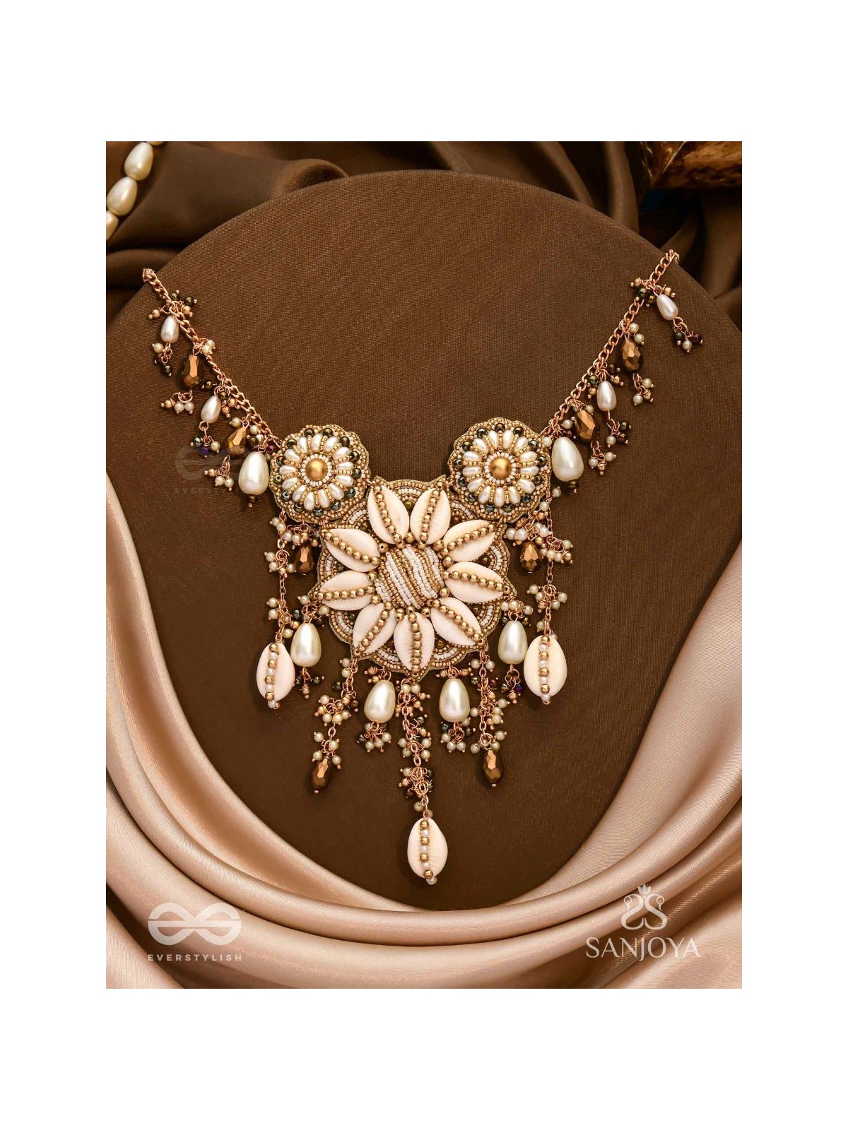 Anvadhya - The Splendid Divinity - Shells, Beads, Pearl And Glass Drops Hand Embroidered Neckpiece