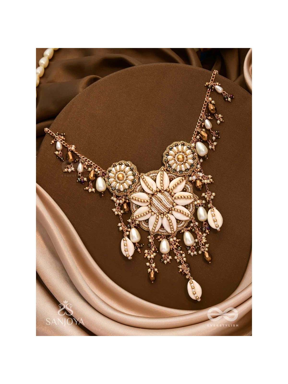 Anvadhya - The Splendid Divinity - Shells, Beads, Pearl And Glass Drops Hand Embroidered Neckpiece
