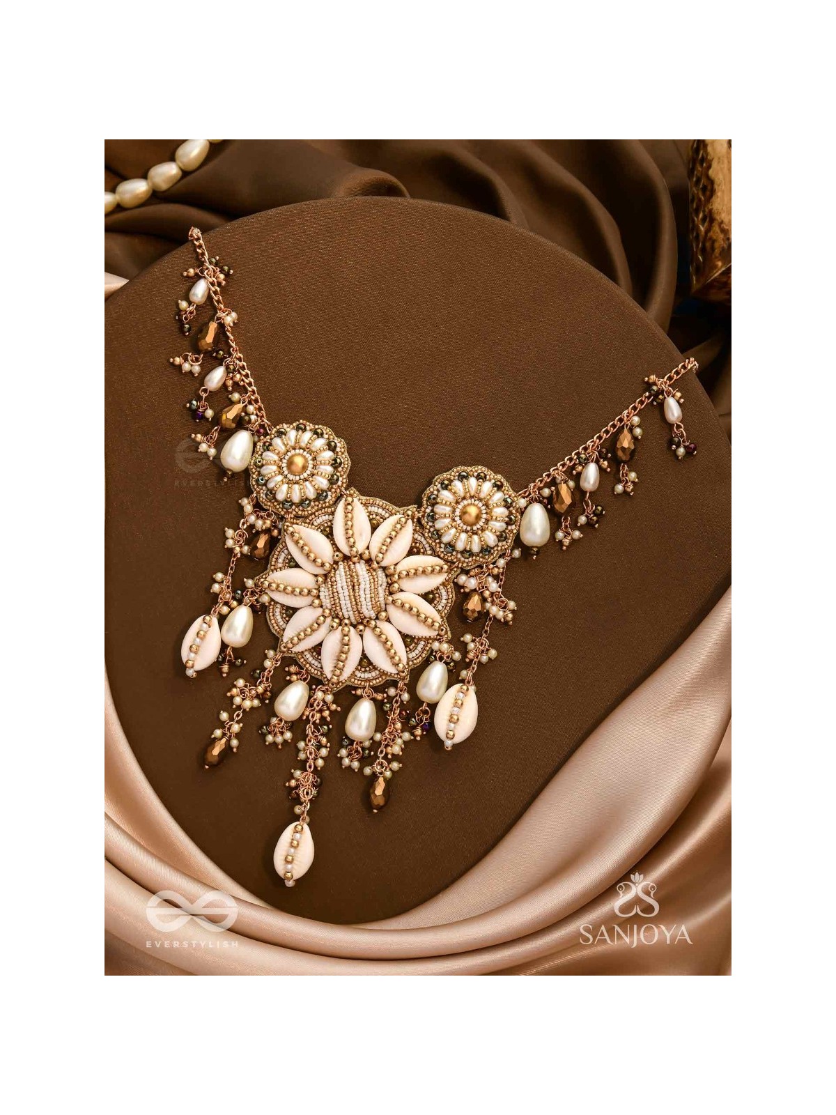 Anvadhya - The Splendid Divinity - Shells, Beads, Pearl And Glass Drops Hand Embroidered Neckpiece