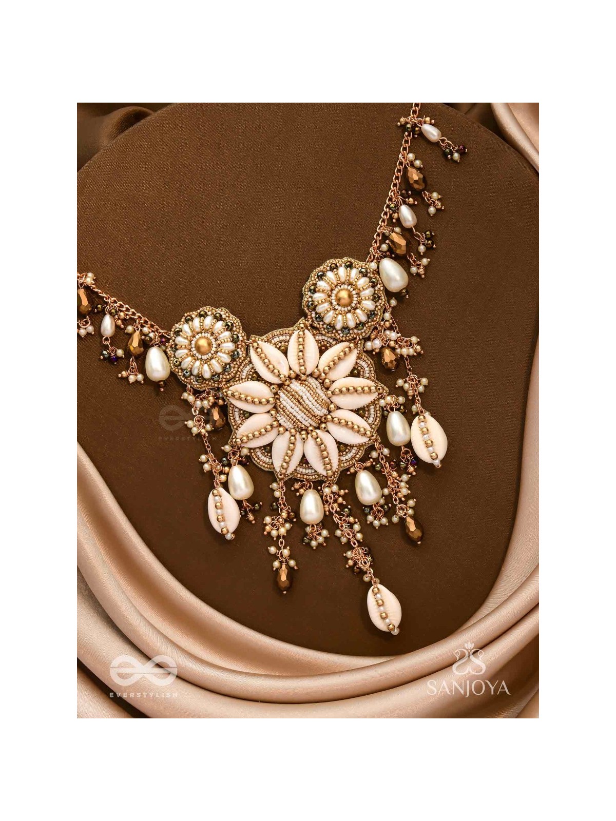 Anvadhya - The Splendid Divinity - Shells, Beads, Pearl And Glass Drops Hand Embroidered Neckpiece