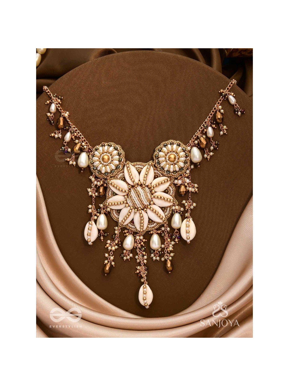 Anvadhya - The Splendid Divinity - Shells, Beads, Pearl And Glass Drops Hand Embroidered Neckpiece