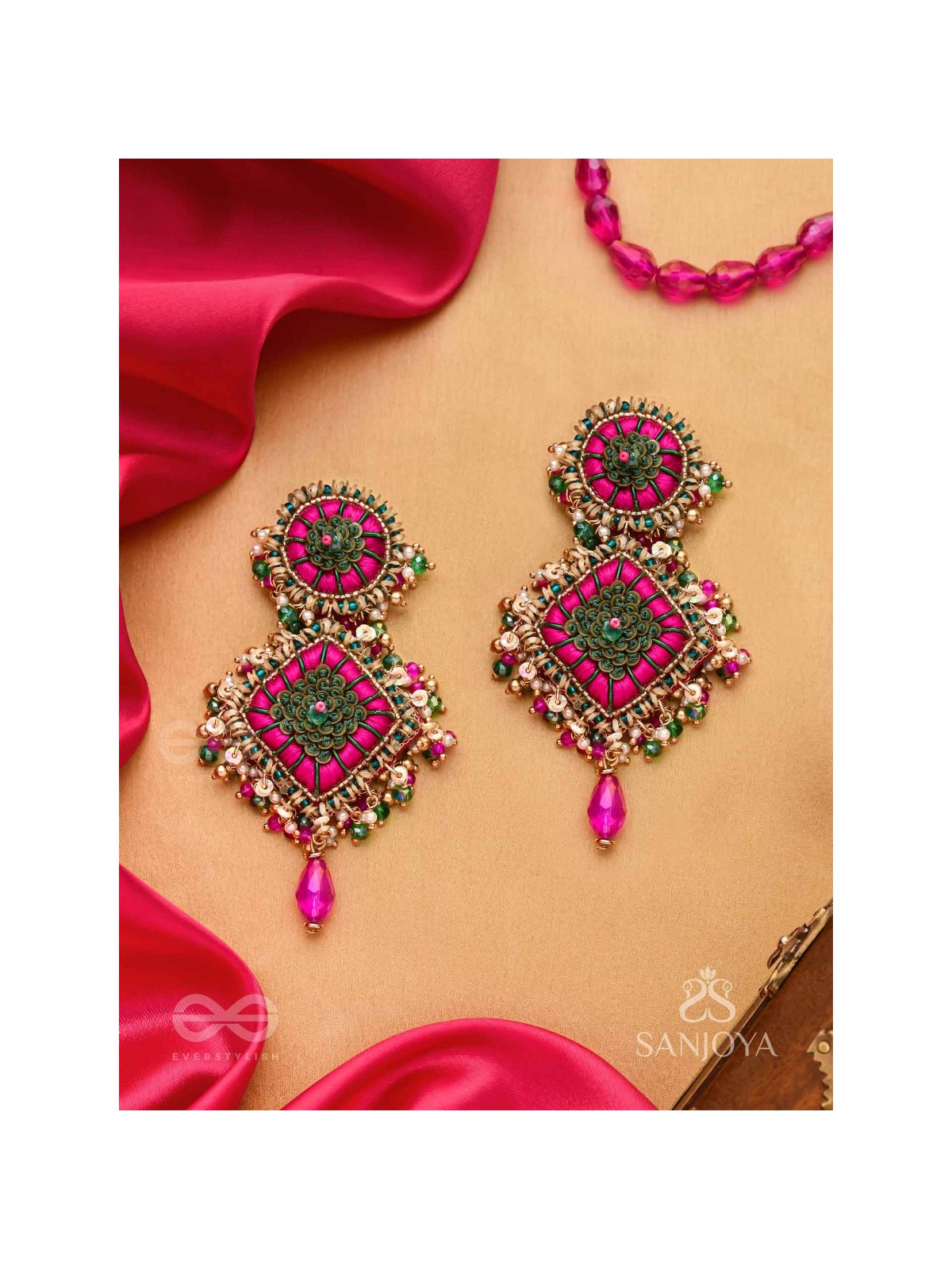 Stavak - The Dahlia Bouquet - Resham, Beads And Glass Drops Hand Embroidered Earrings