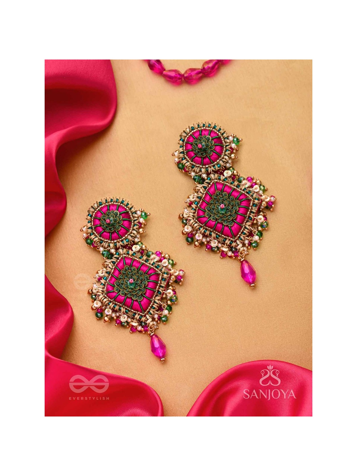 Stavak - The Dahlia Bouquet - Resham, Beads And Glass Drops Hand Embroidered Earrings
