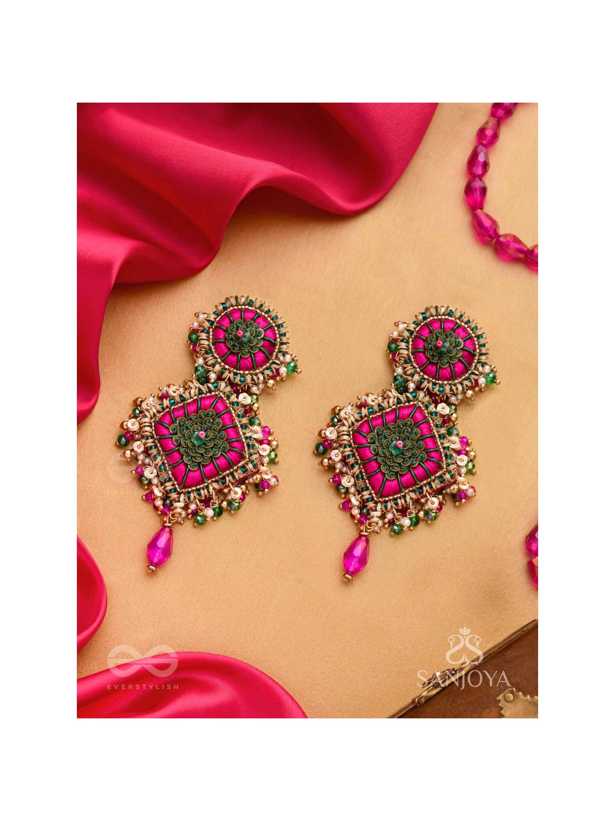 Stavak - The Dahlia Bouquet - Resham, Beads And Glass Drops Hand Embroidered Earrings