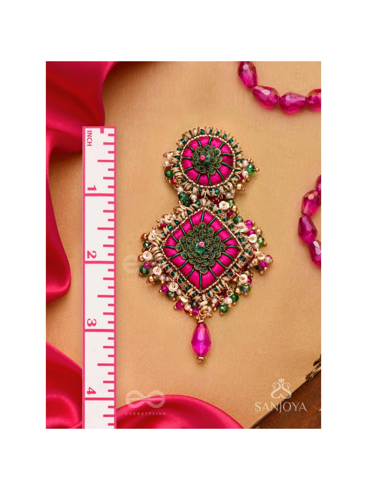 Stavak - The Dahlia Bouquet - Resham, Beads And Glass Drops Hand Embroidered Earrings