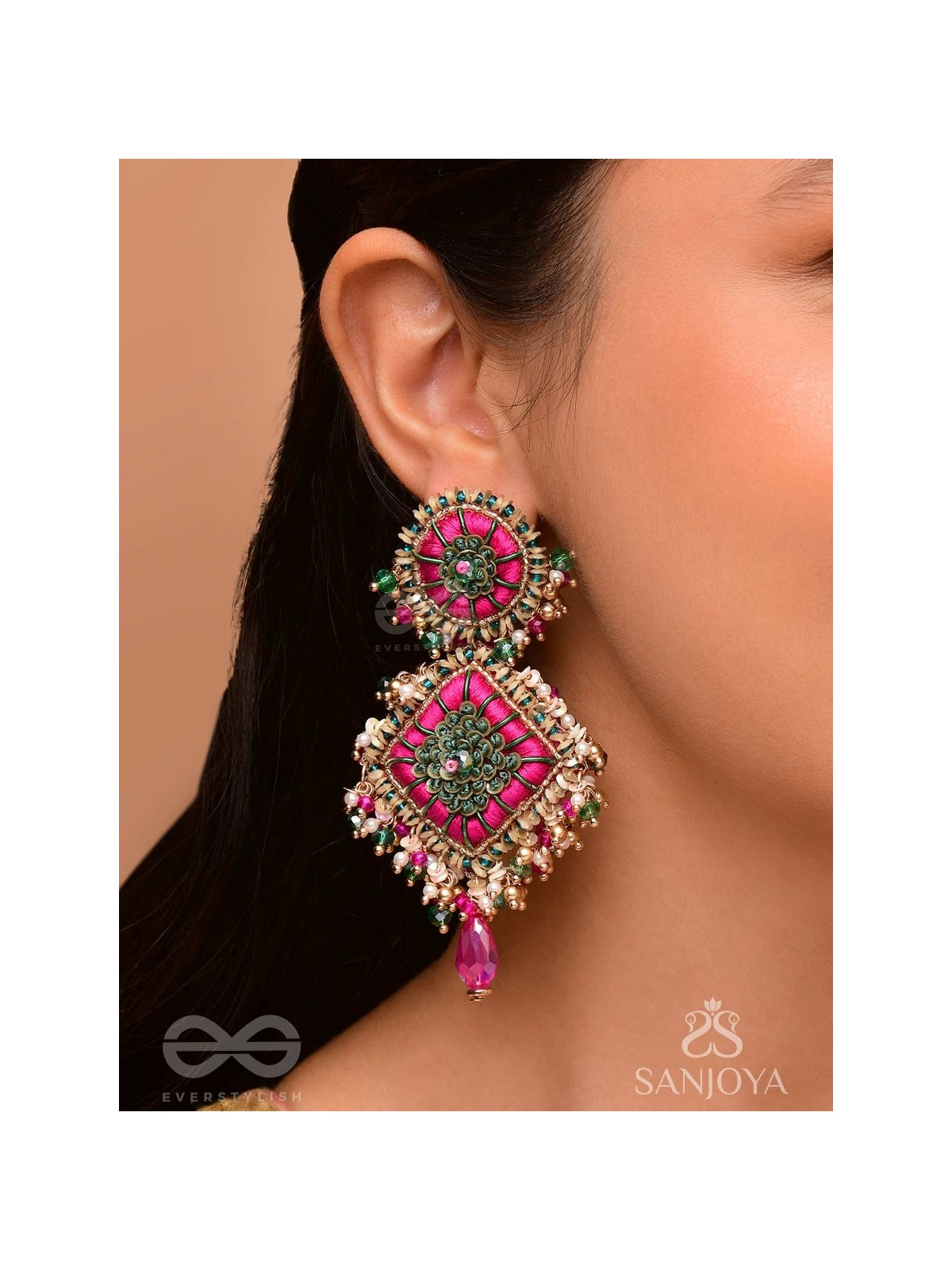 Stavak - The Dahlia Bouquet - Resham, Beads And Glass Drops Hand Embroidered Earrings