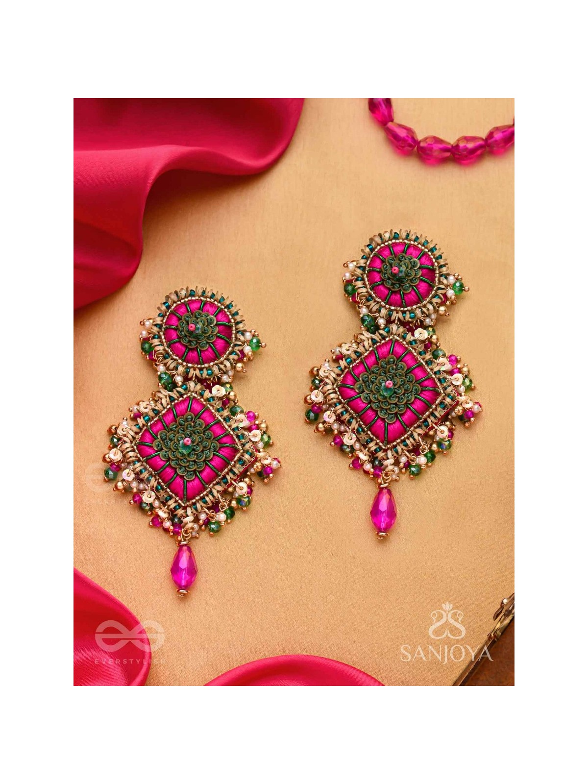 Stavak - The Dahlia Bouquet - Resham, Beads And Glass Drops Hand Embroidered Earrings