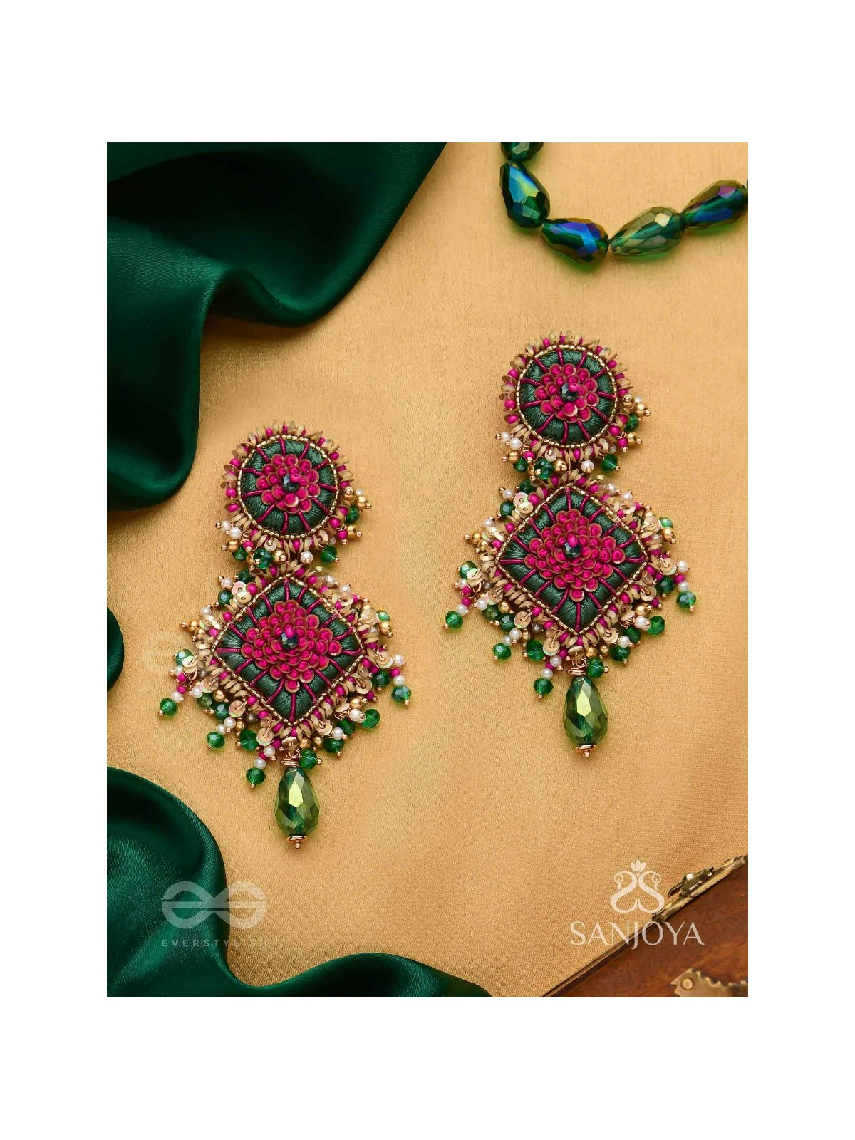Ardramanjari - The Peony Cluster - Resham, Beads And Glass Drops Hand Embroidered Earrings
