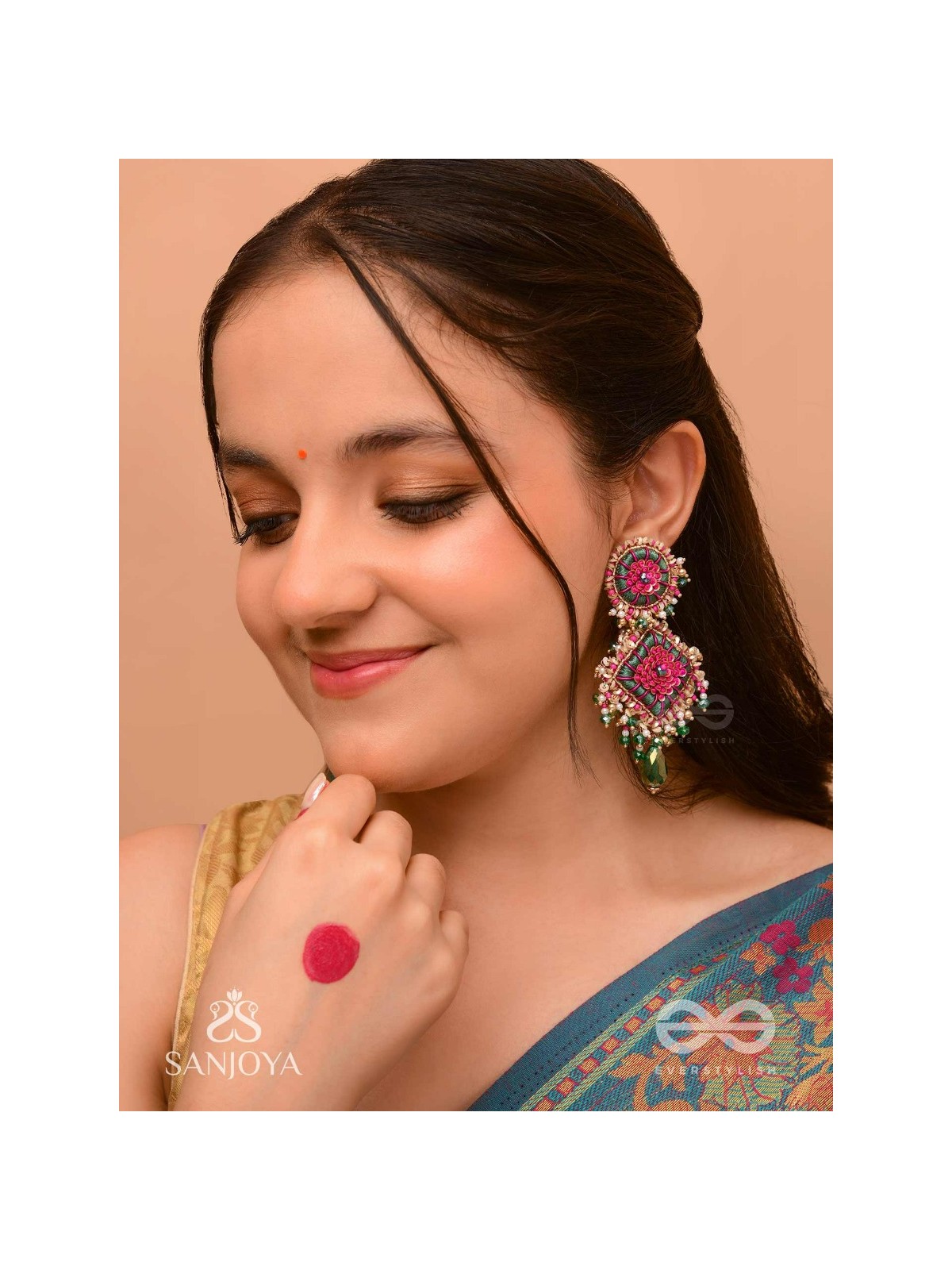 Ardramanjari - The Peony Cluster - Resham, Beads And Glass Drops Hand Embroidered Earrings