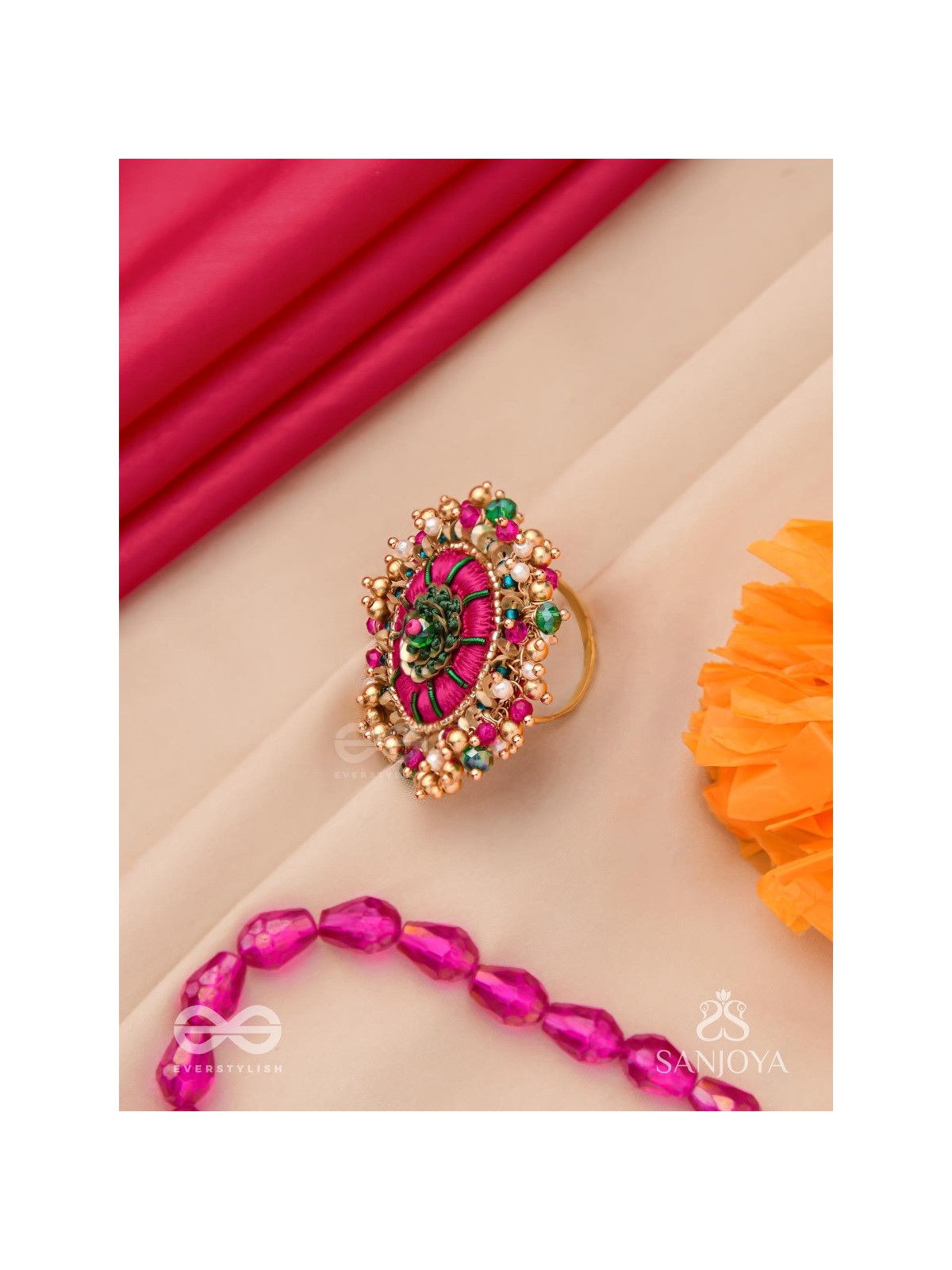 Bibhrat - The Luminous Pink - Resham, Beads And Dabka Hand Embroidered Ring (Adjustable)