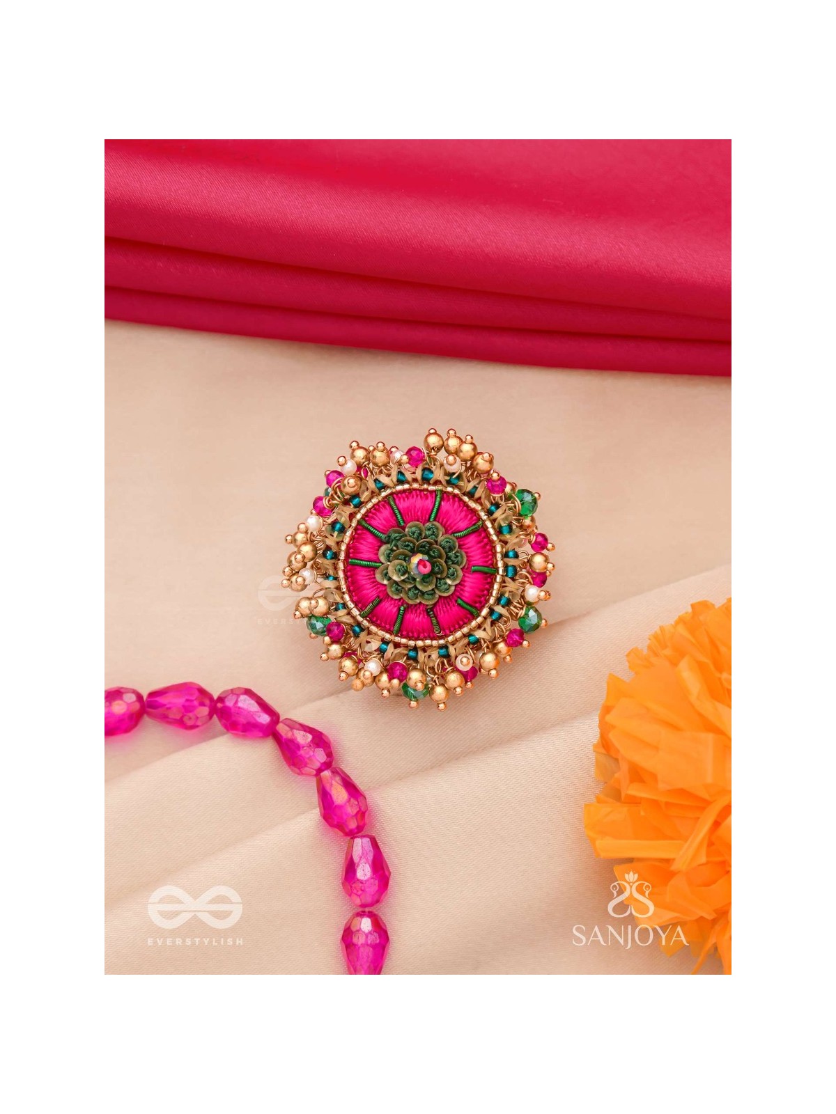 Bibhrat - The Luminous Pink - Resham, Beads And Dabka Hand Embroidered Ring (Adjustable)