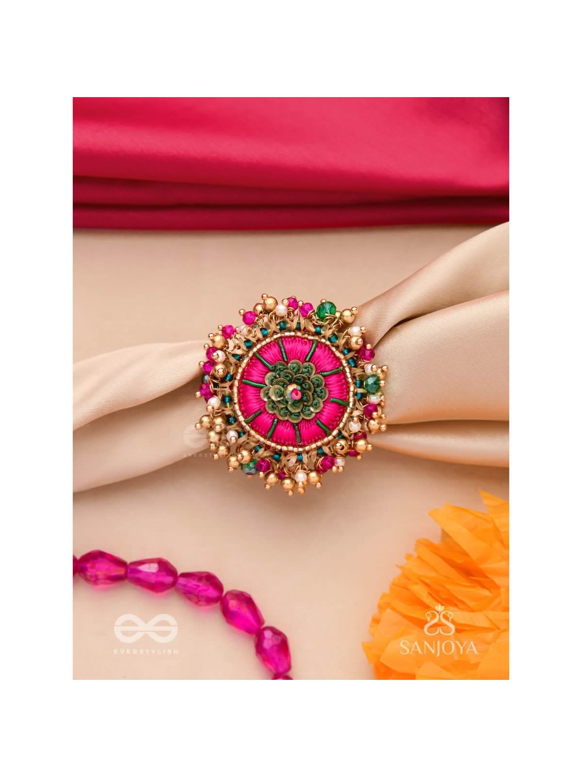 Bibhrat - The Luminous Pink - Resham, Beads And Dabka Hand Embroidered Ring (Adjustable)