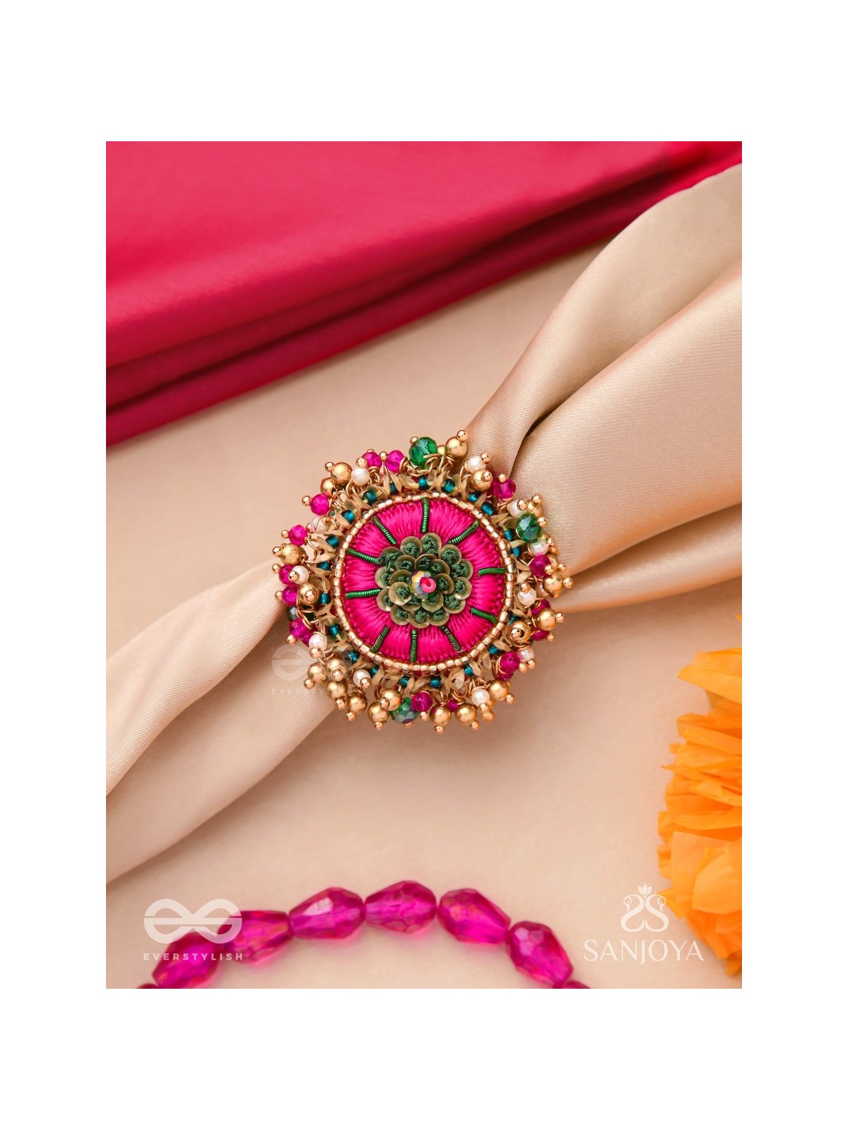 Bibhrat - The Luminous Pink - Resham, Beads And Dabka Hand Embroidered Ring (Adjustable)