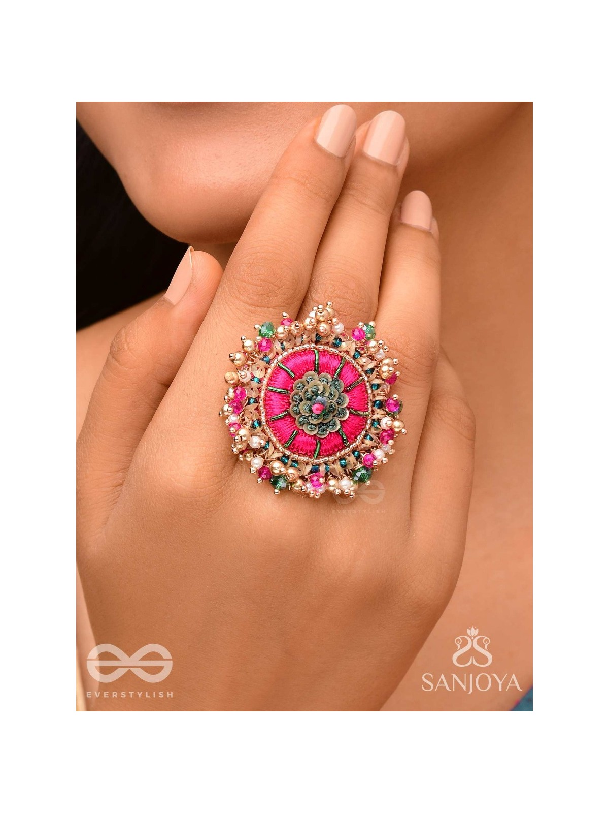 Bibhrat - The Luminous Pink - Resham, Beads And Dabka Hand Embroidered Ring (Adjustable)