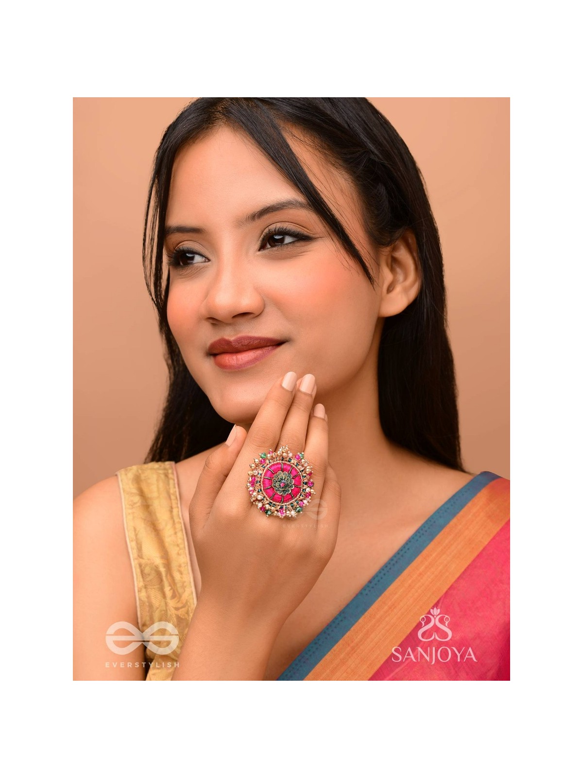 Bibhrat - The Luminous Pink - Resham, Beads And Dabka Hand Embroidered Ring (Adjustable)