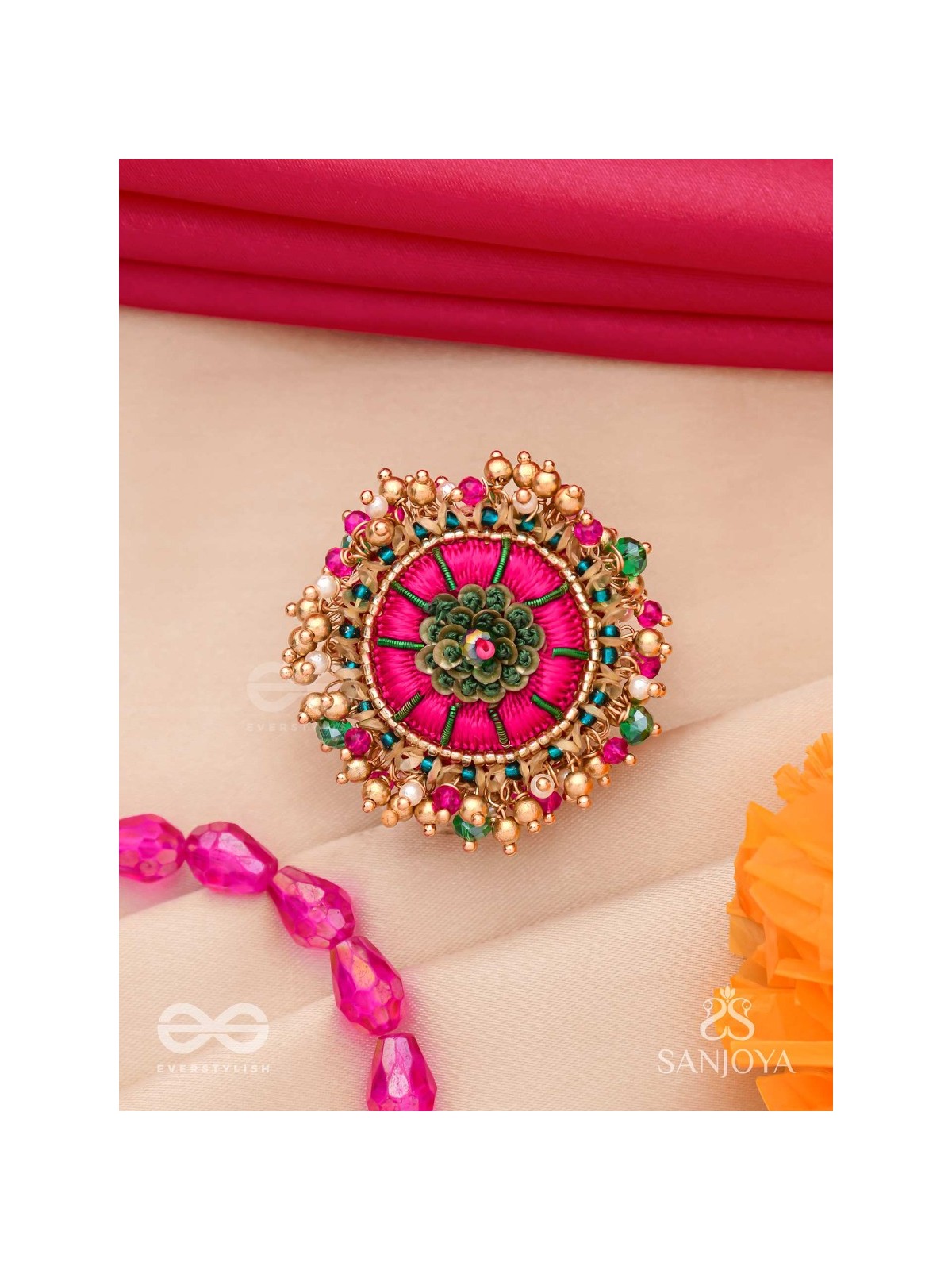 Bibhrat - The Luminous Pink - Resham, Beads And Dabka Hand Embroidered Ring (Adjustable)