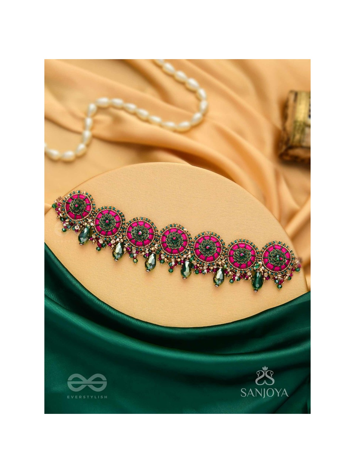 Sankirnau - The Floral Vine - Resham, Beads, Sequins And Glass Drops Hand Embroidered Choker Neckpiece