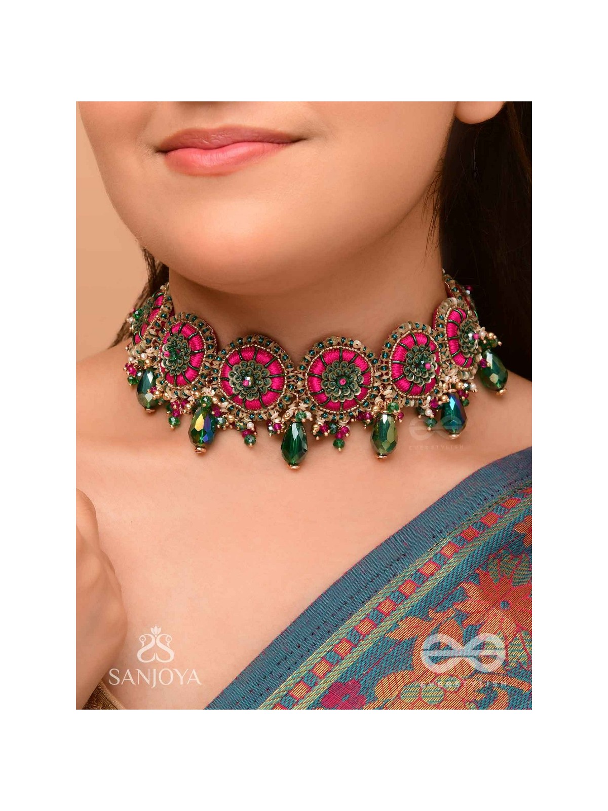 Sankirnau - The Floral Vine - Resham, Beads, Sequins And Glass Drops Hand Embroidered Choker Neckpiece