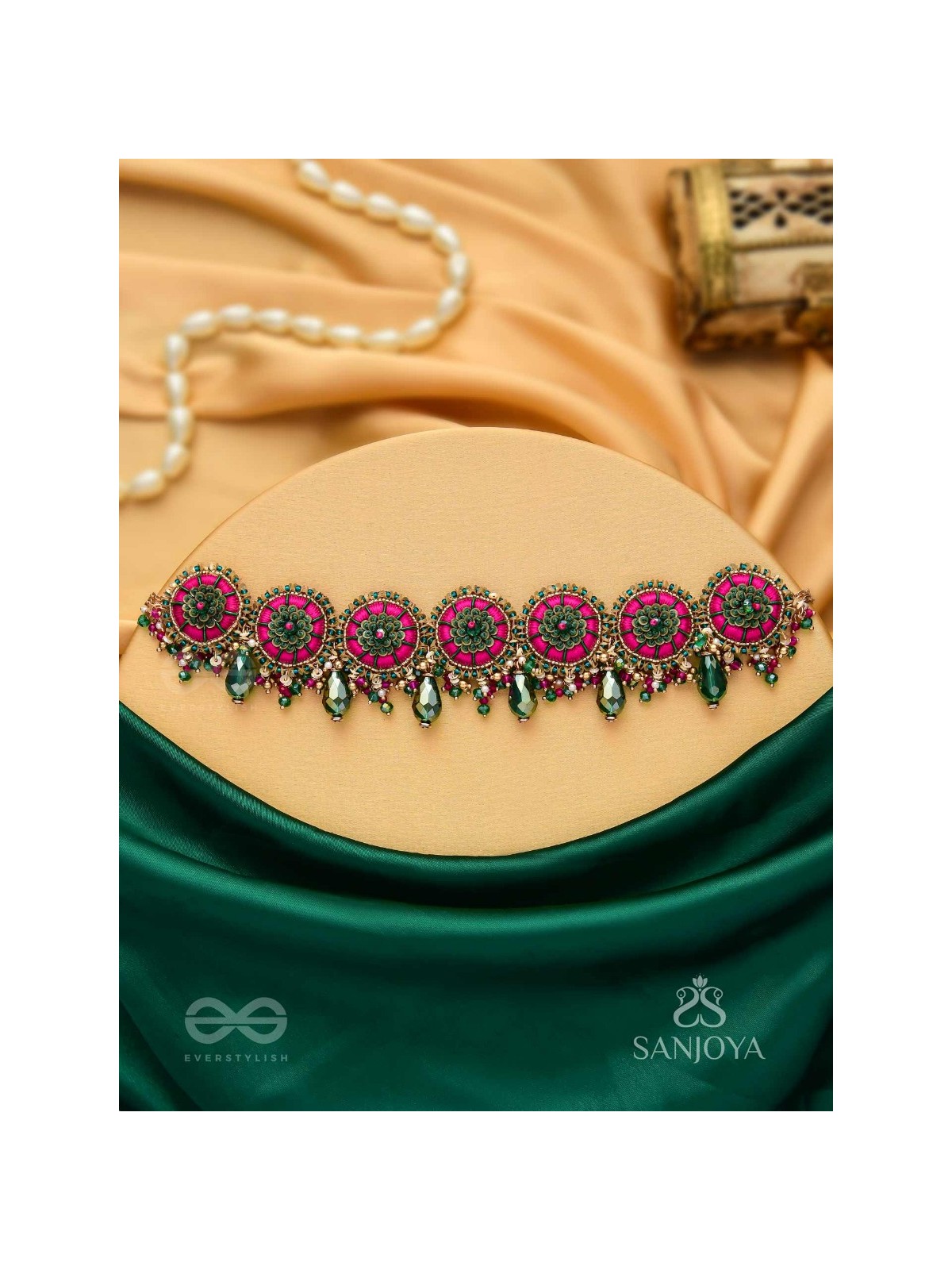 Sankirnau - The Floral Vine - Resham, Beads, Sequins And Glass Drops Hand Embroidered Choker Neckpiece