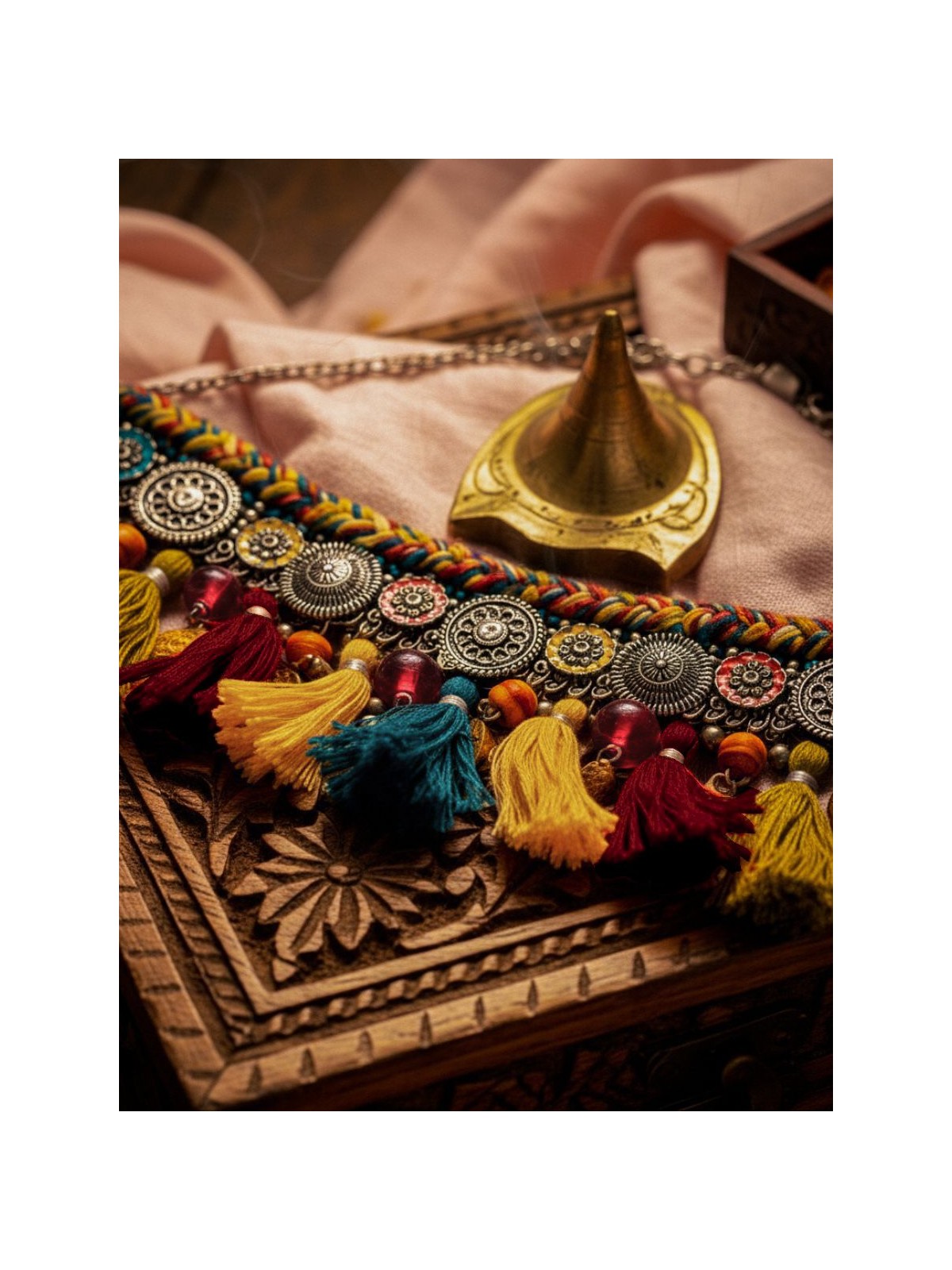 Akalka - The Moonlit Fur - Resham, Beads And Coins Hand Embroidered Oxidised Choker Neckpiece