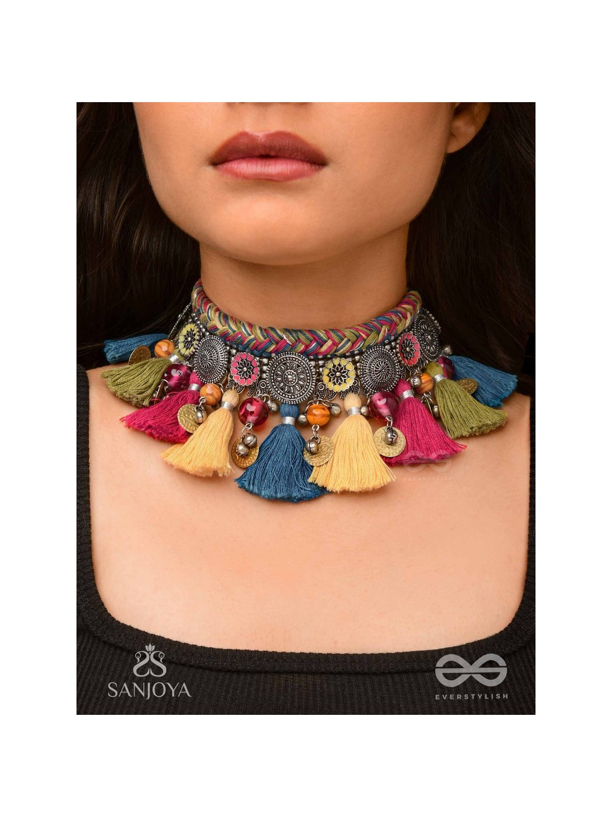 Akalka - The Moonlit Fur - Resham, Beads And Coins Hand Embroidered Oxidised Choker Neckpiece