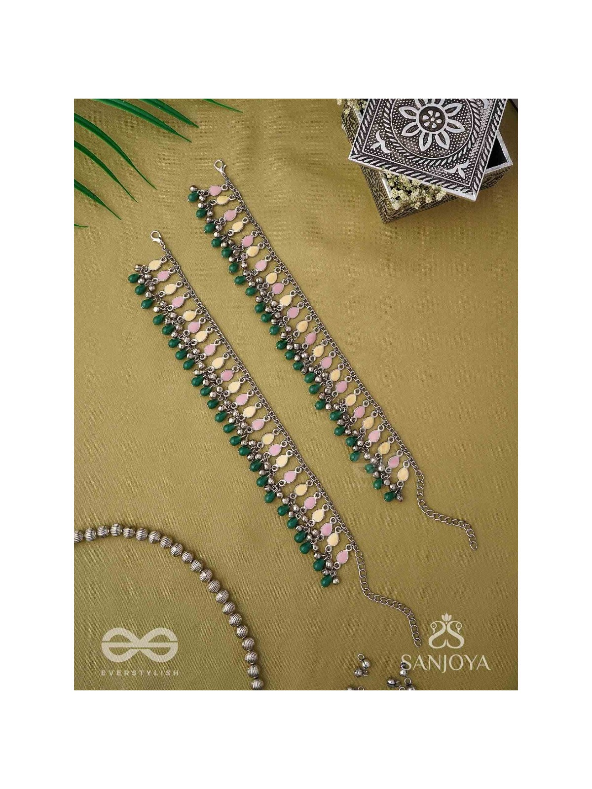Kadkani - The Pastel Bells - Enamelled Oxidised Anklets (Set Of 2)