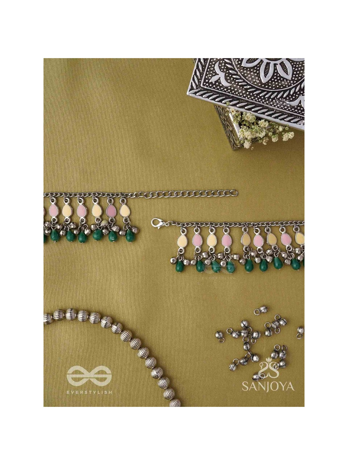 Kadkani - The Pastel Bells - Enamelled Oxidised Anklets (Set Of 2)