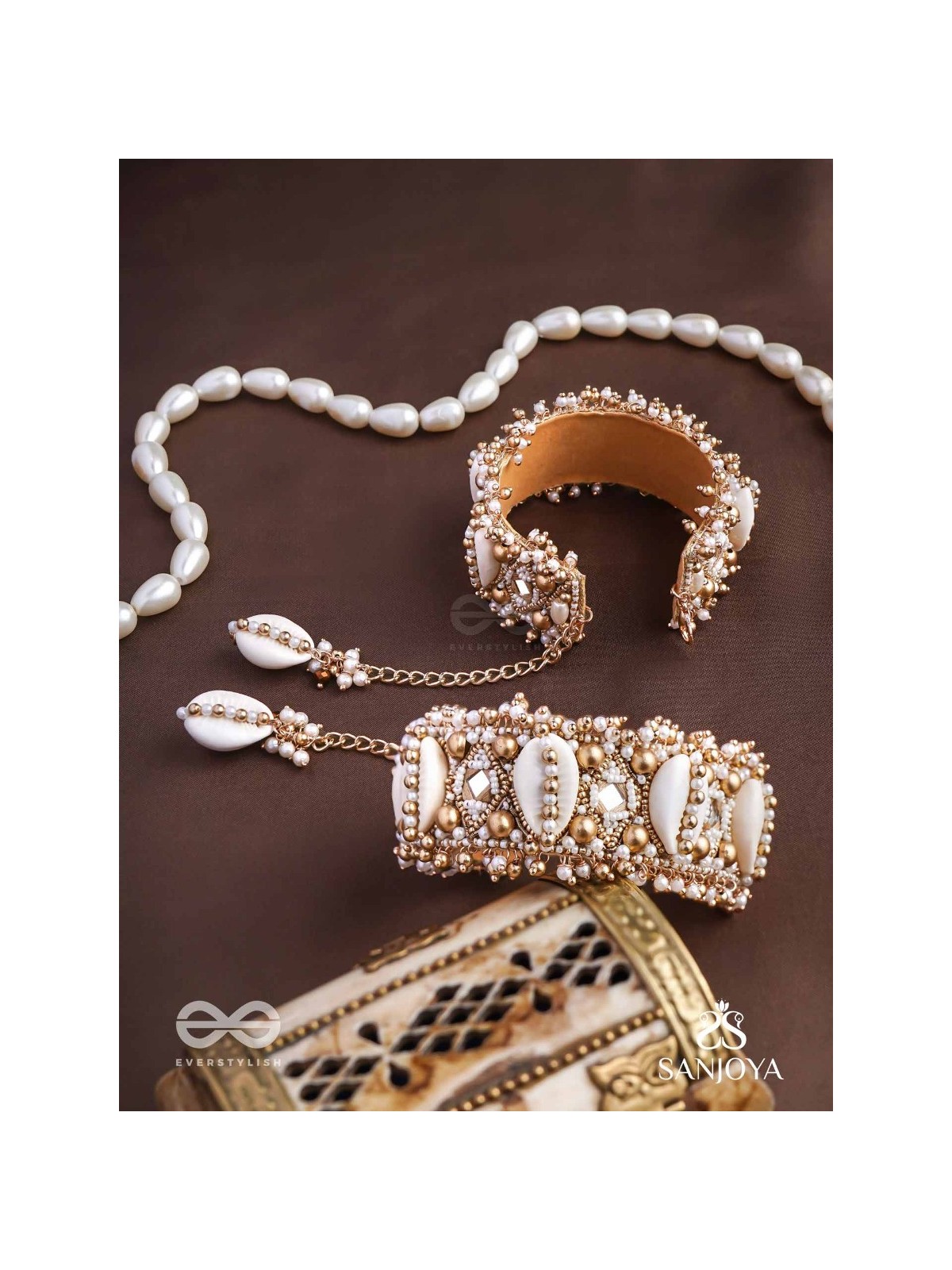 Prachurya - The Marine Abundance - Shells, Mirrors And Beads Hand Embroidered Cuff Bracelets (Set Of 2)