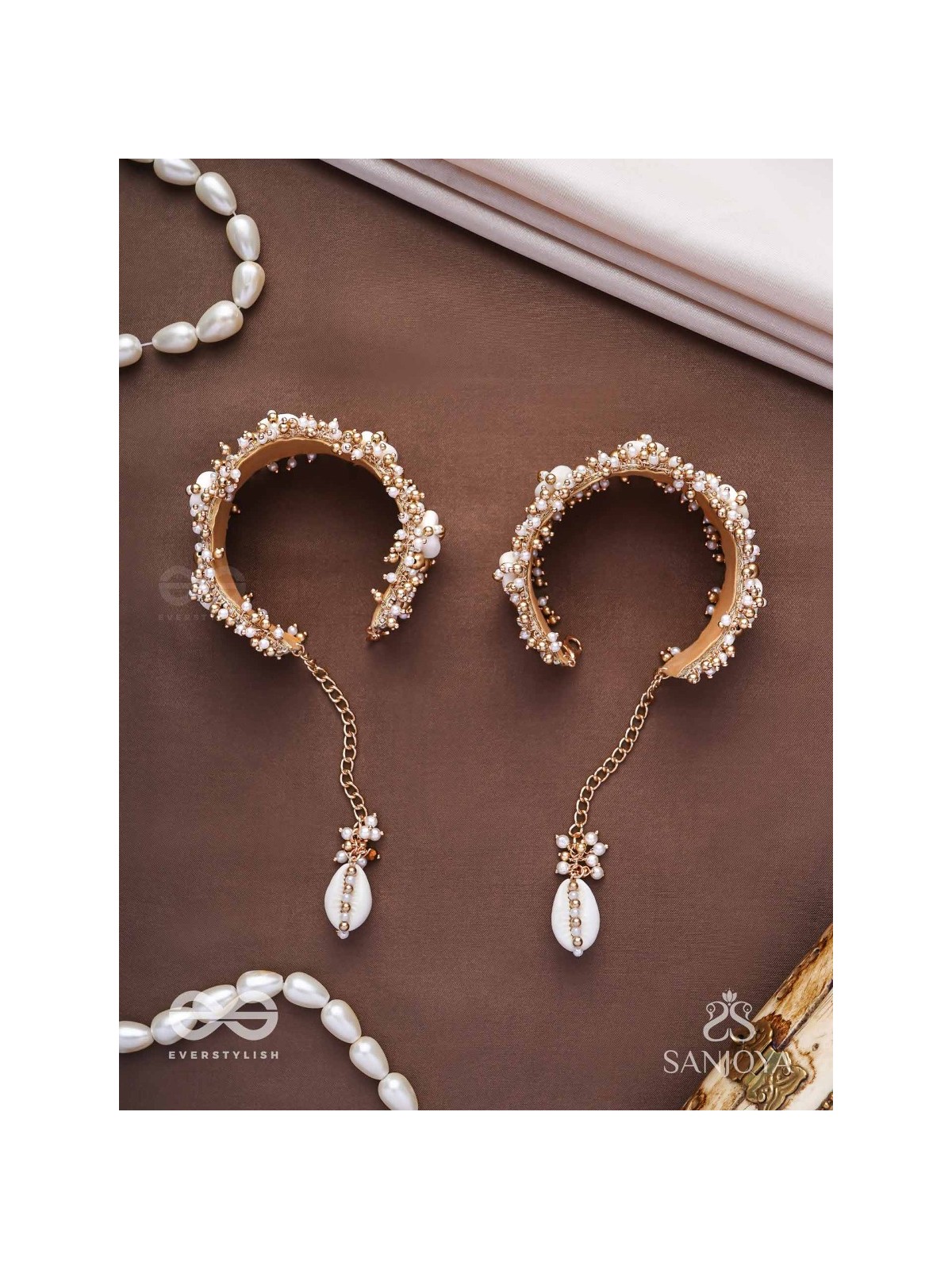 Prachurya - The Marine Abundance - Shells, Mirrors And Beads Hand Embroidered Cuff Bracelets (Set Of 2)