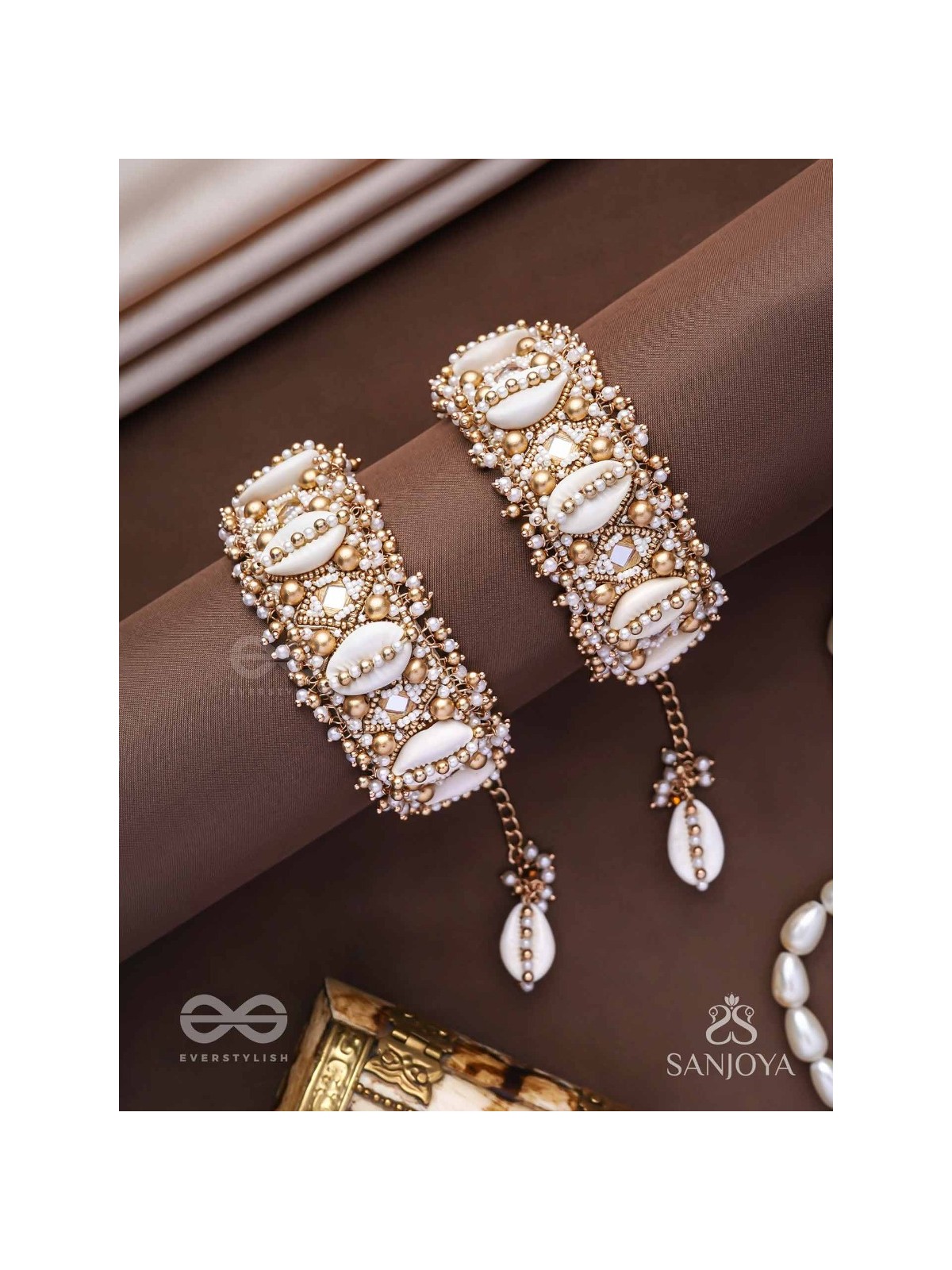 Prachurya - The Marine Abundance - Shells, Mirrors And Beads Hand Embroidered Cuff Bracelets (Set Of 2)