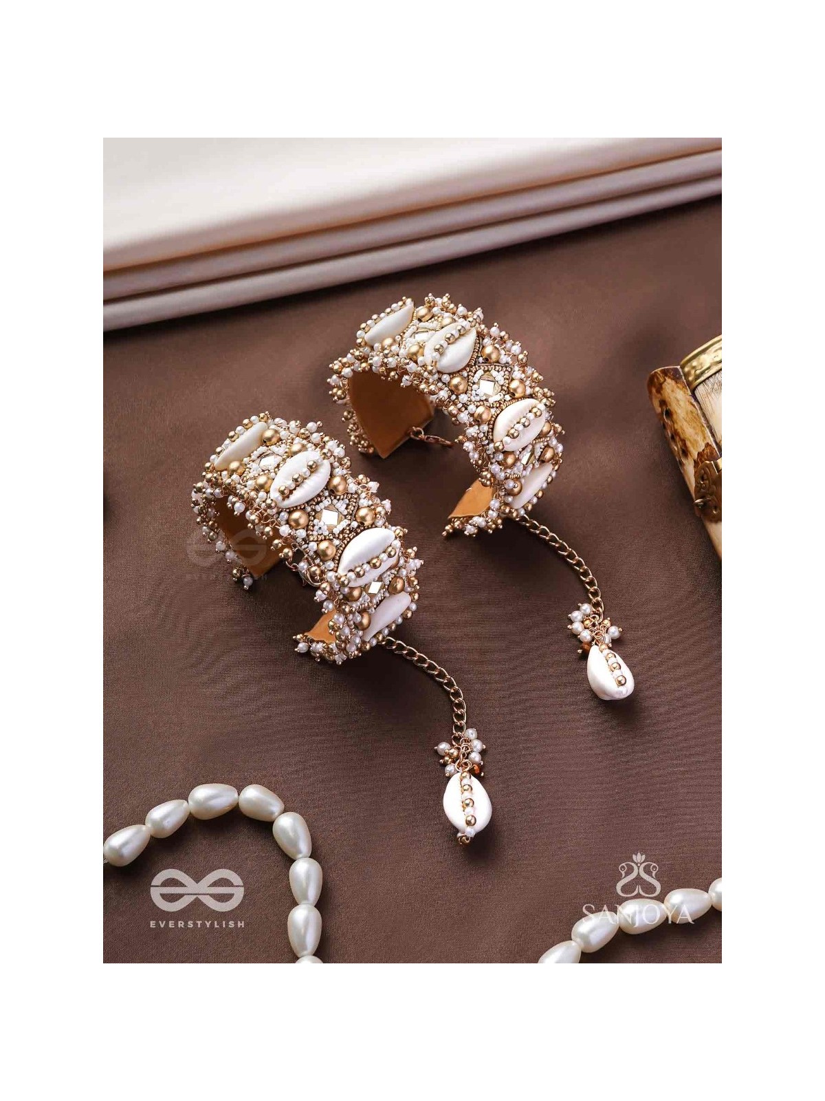 Prachurya - The Marine Abundance - Shells, Mirrors And Beads Hand Embroidered Cuff Bracelets (Set Of 2)