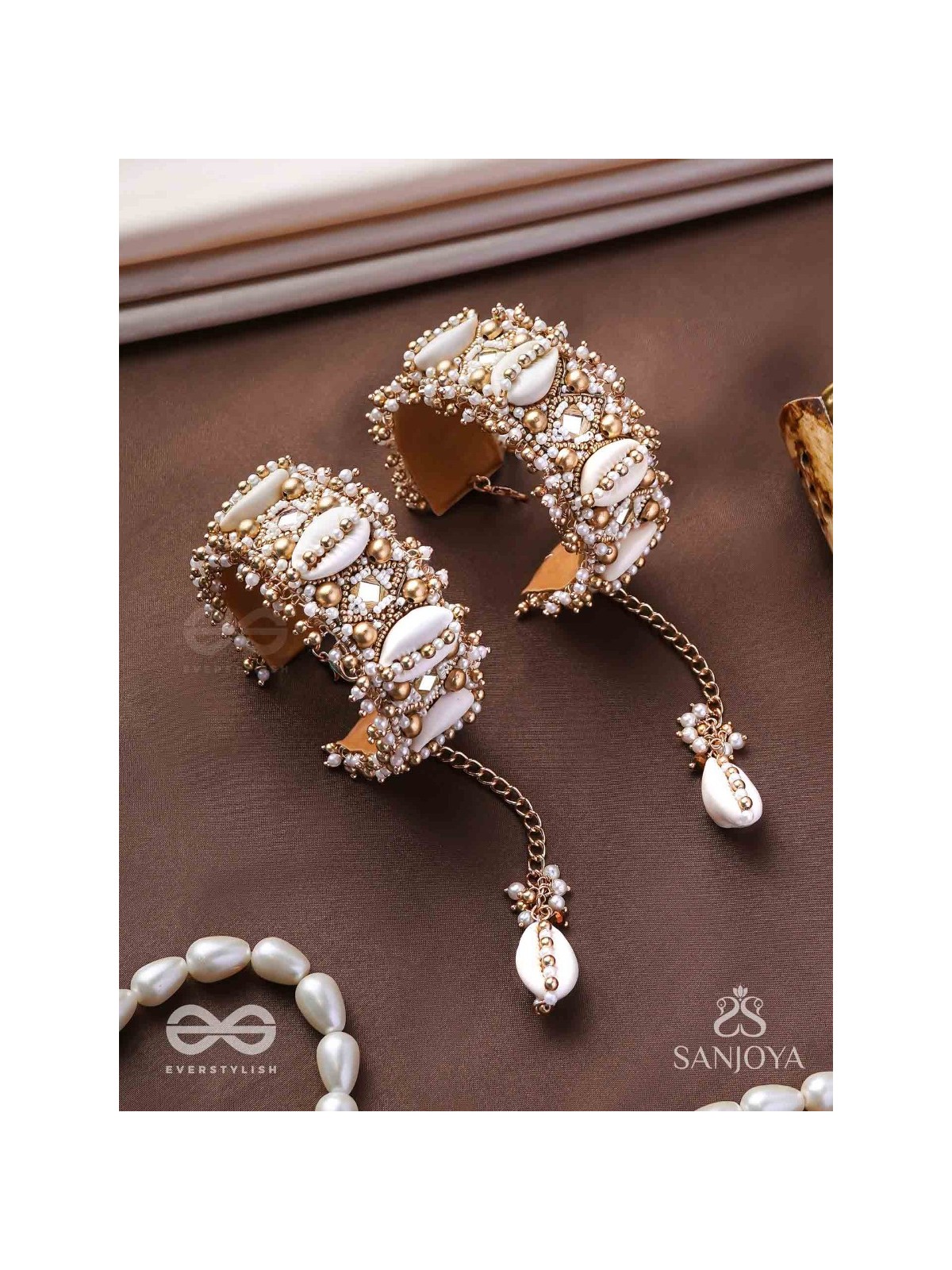 Prachurya - The Marine Abundance - Shells, Mirrors And Beads Hand Embroidered Cuff Bracelets (Set Of 2)