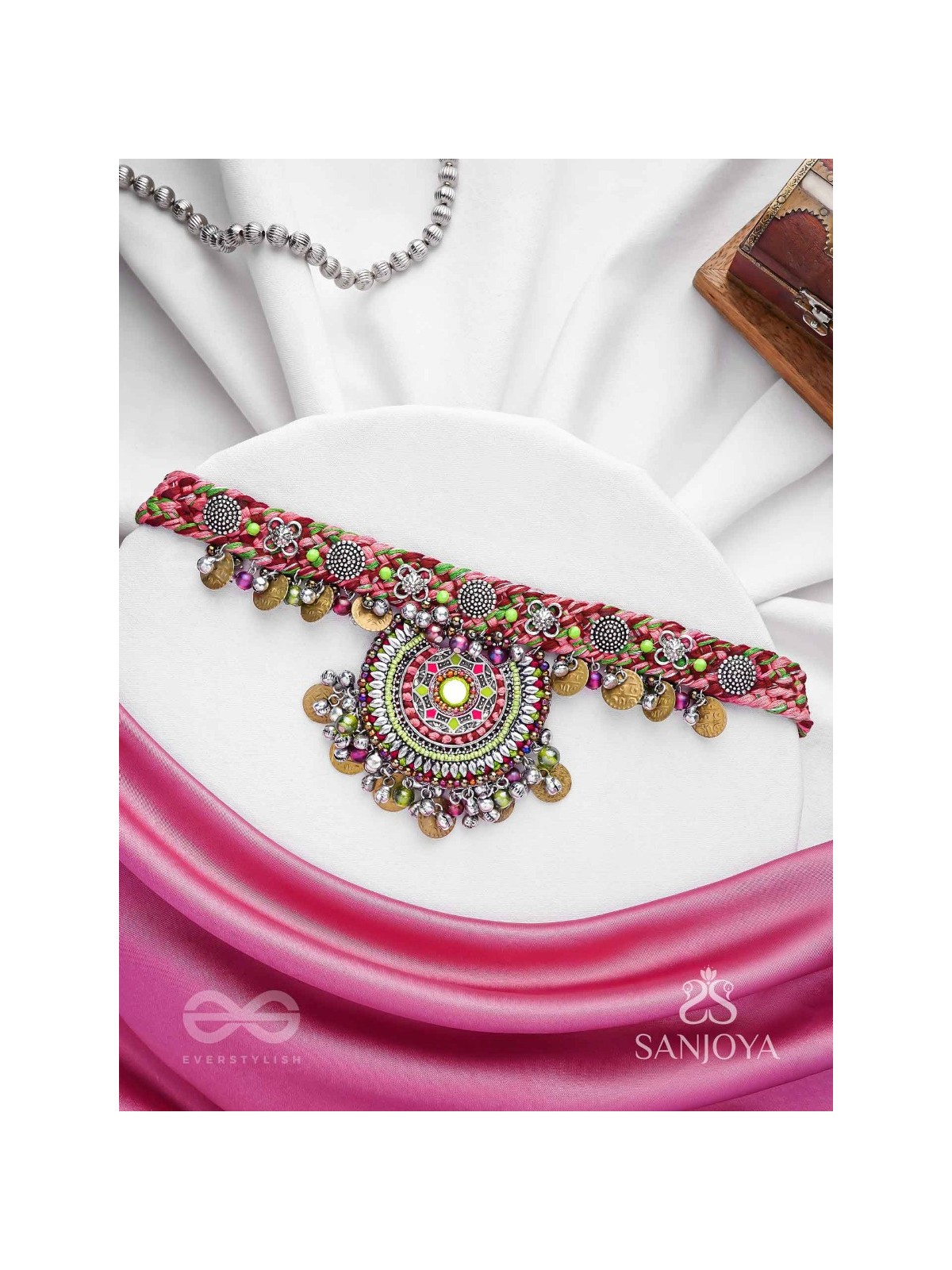 Mrigarsukt - The Hymns Of Flowers  - Resham, Coins And Beads Hand Embroidered Oxidised Choker Neckpiece