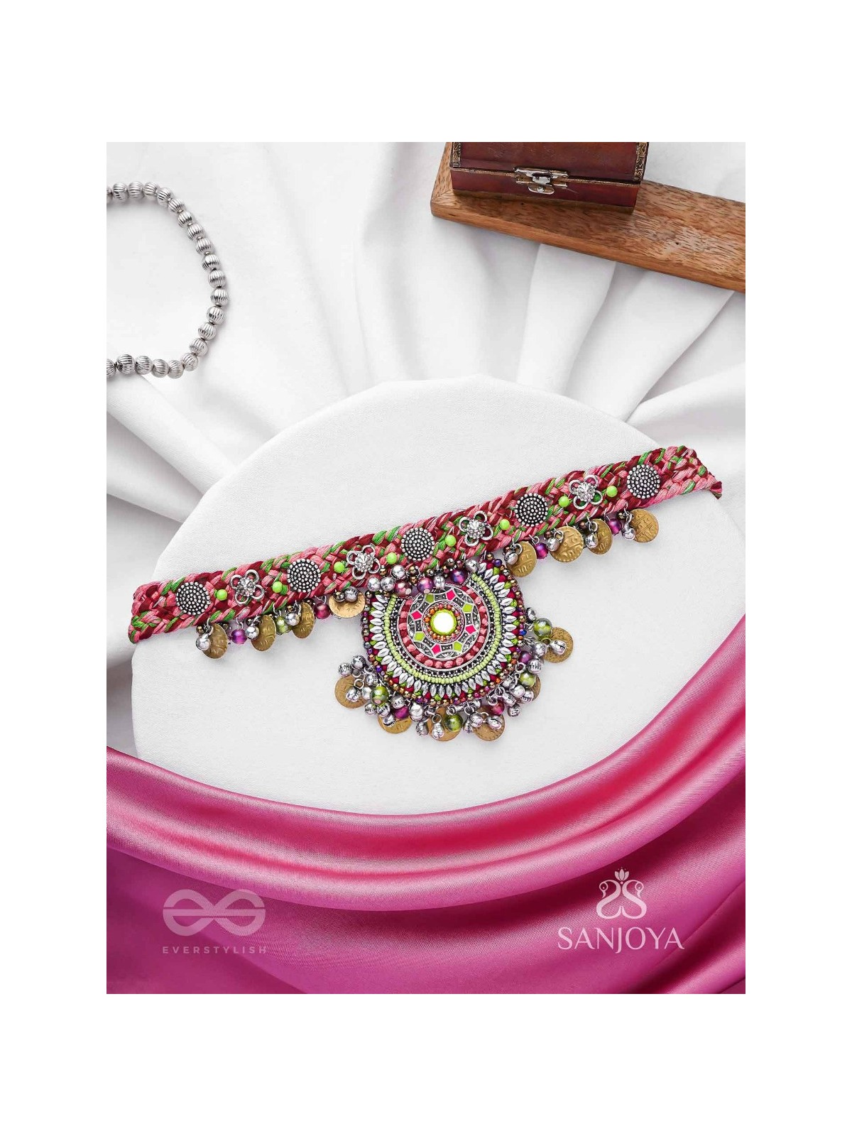 Mrigarsukt - The Hymns Of Flowers  - Resham, Coins And Beads Hand Embroidered Oxidised Choker Neckpiece