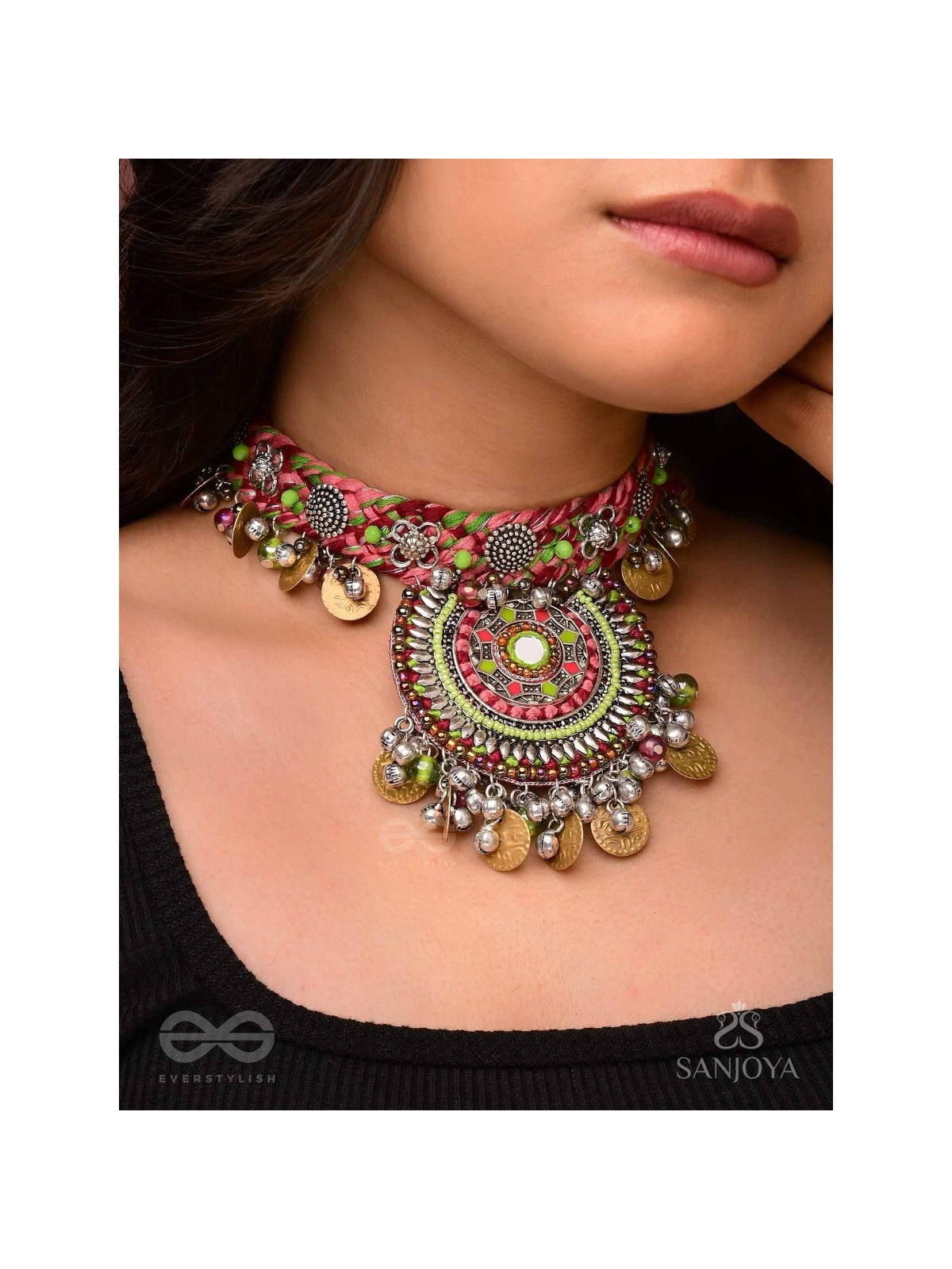 Mrigarsukt - The Hymns Of Flowers  - Resham, Coins And Beads Hand Embroidered Oxidised Choker Neckpiece