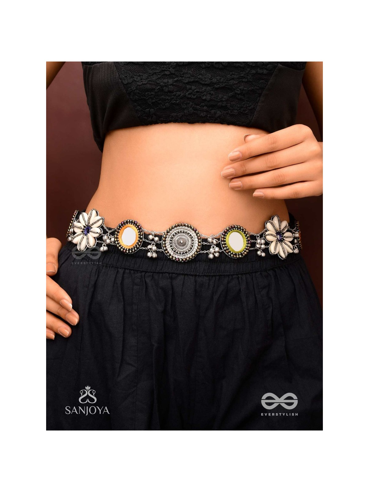 Pratibimban - The Spherical Reflection - Shells, Mirrors, Resham And Beads Hand Embroidered Oxidised Kamarbandh