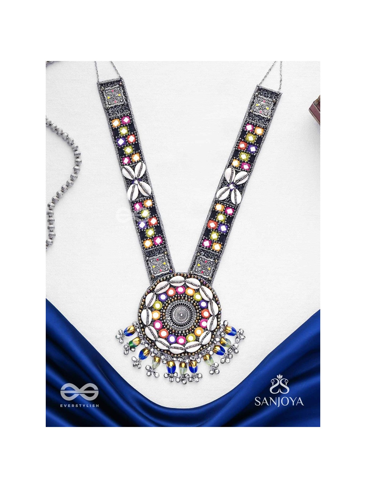 Sheetbhanviye - The Lunar Celebrations - Shells, Mirrors, Resham And Glass Drops Hand Embroidered Oxidised Neckpiece