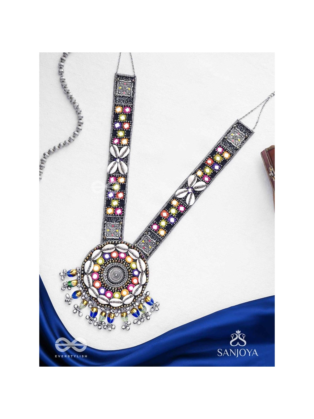 Sheetbhanviye - The Lunar Celebrations - Shells, Mirrors, Resham And Glass Drops Hand Embroidered Oxidised Neckpiece