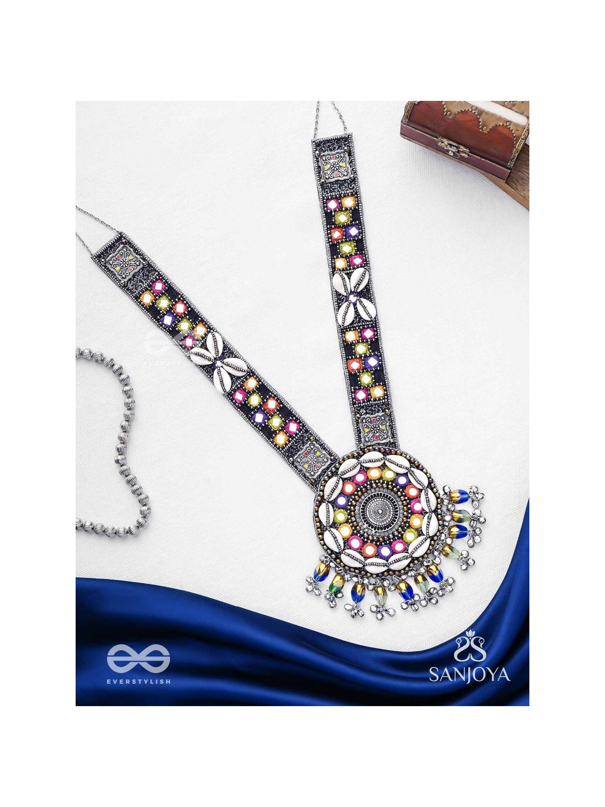 Sheetbhanviye - The Lunar Celebrations - Shells, Mirrors, Resham And Glass Drops Hand Embroidered Oxidised Neckpiece