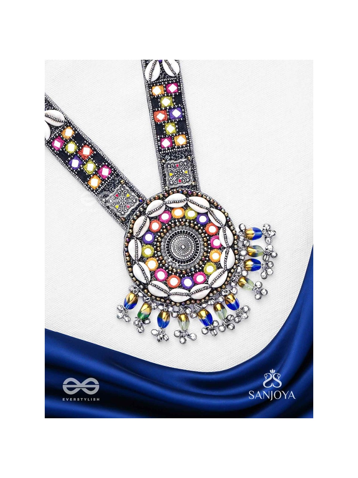 Sheetbhanviye - The Lunar Celebrations - Shells, Mirrors, Resham And Glass Drops Hand Embroidered Oxidised Neckpiece