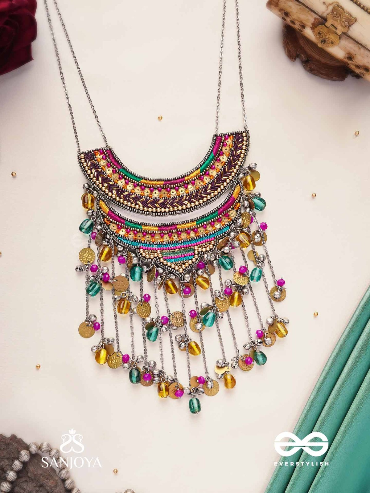 Kvan - The Layered Chimes - Resham, Beads, Coins And Glass Drops Hand Embroidered Oxidised Neckpiece