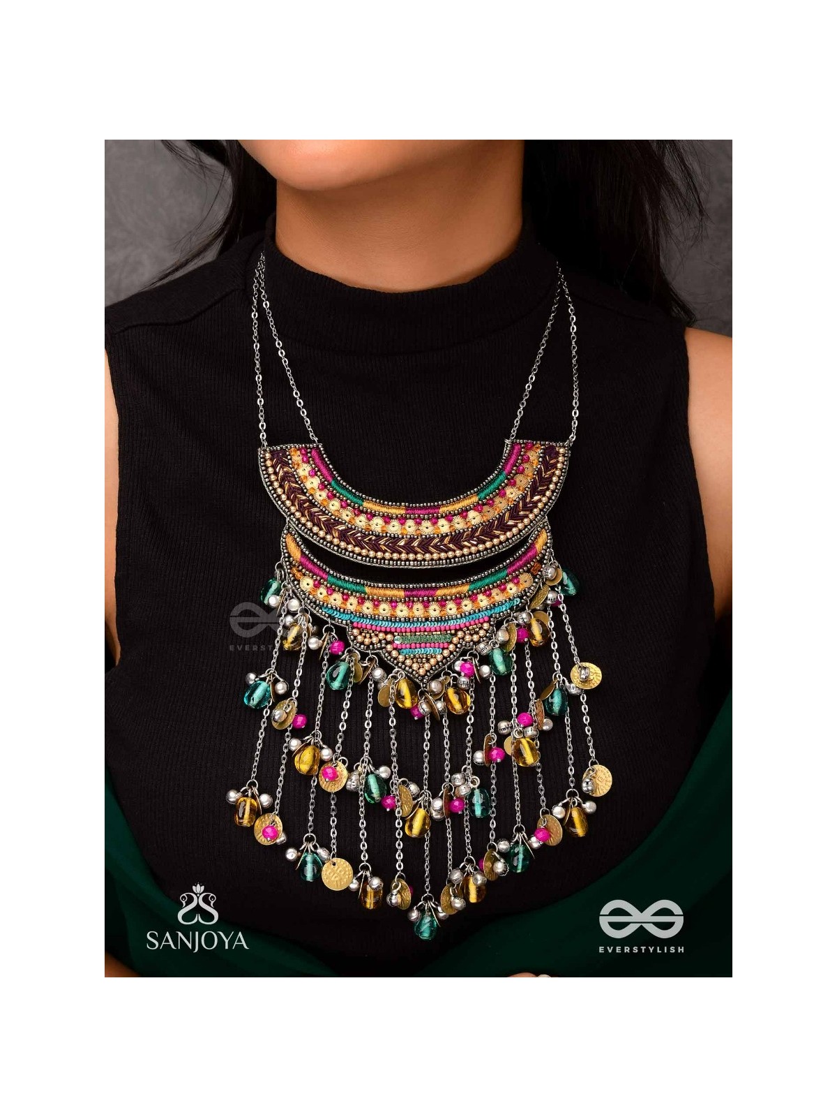 Kvan - The Layered Chimes - Resham, Beads, Coins And Glass Drops Hand Embroidered Oxidised Neckpiece