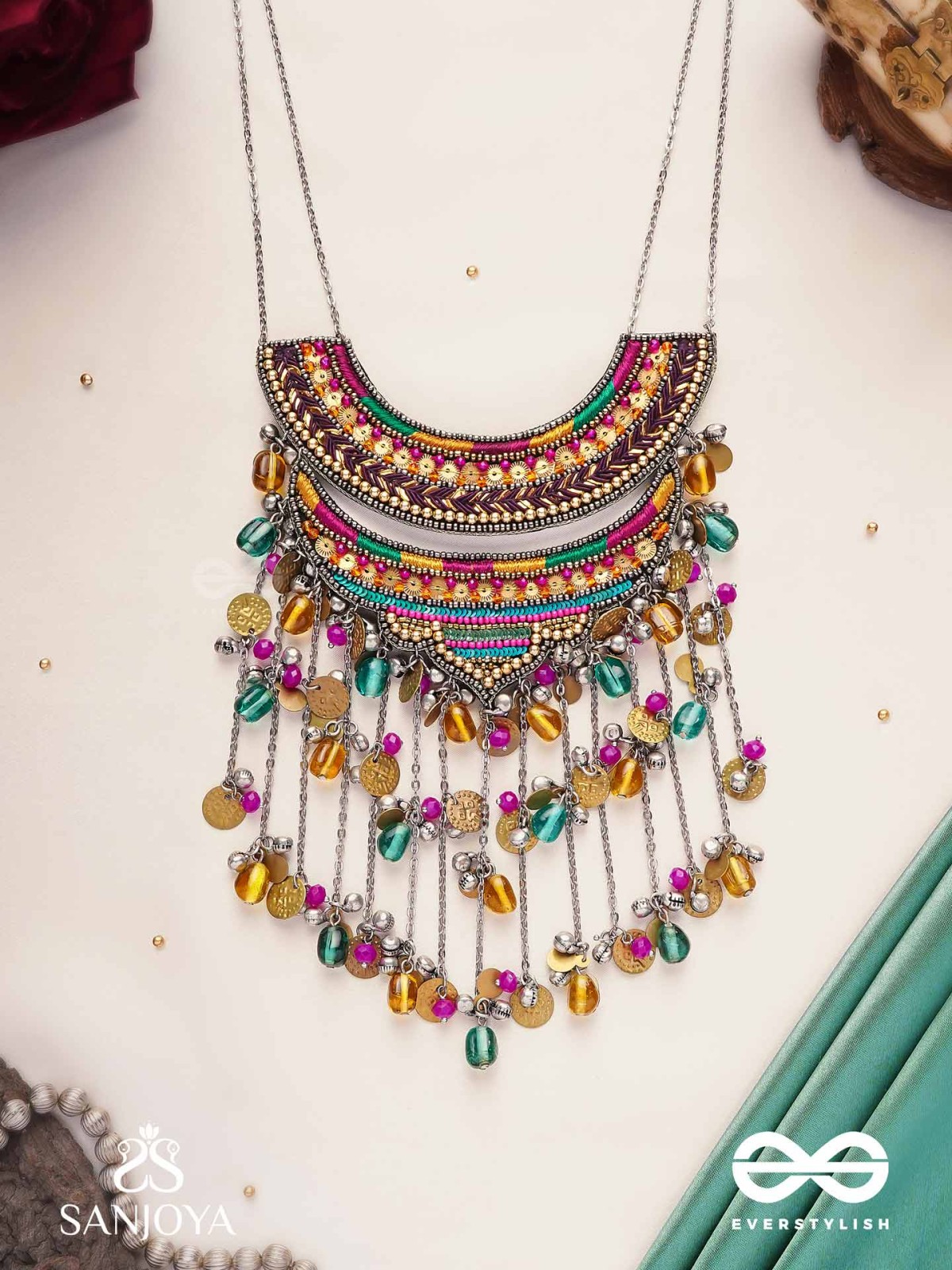 Kvan - The Layered Chimes - Resham, Beads, Coins And Glass Drops Hand Embroidered Oxidised Neckpiece